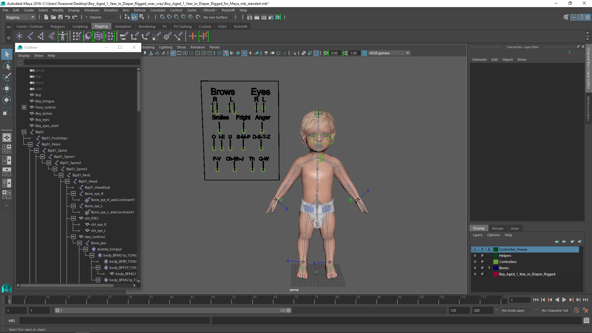 3D Boy Aged 1 Year in Diaper Rigged for Maya