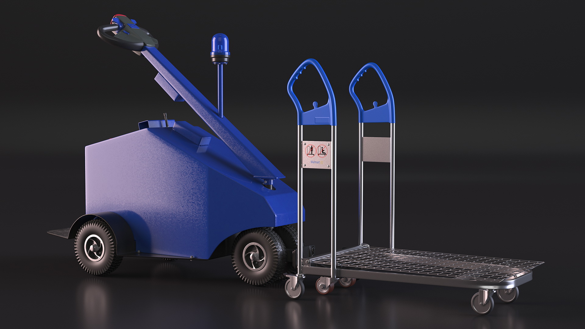 Blue Powered Tug Pusher with Cargo Trolley 3D