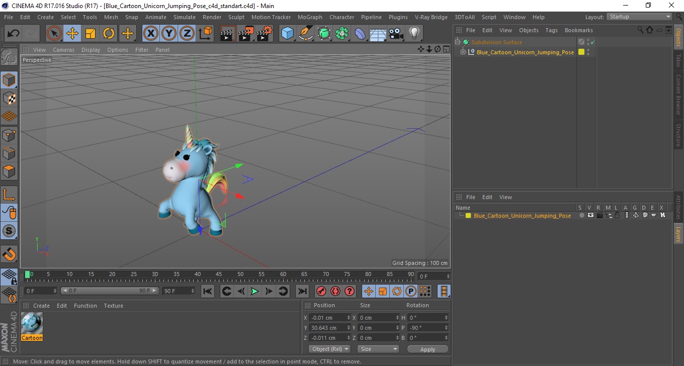 3D Blue Cartoon Unicorn Jumping Pose model