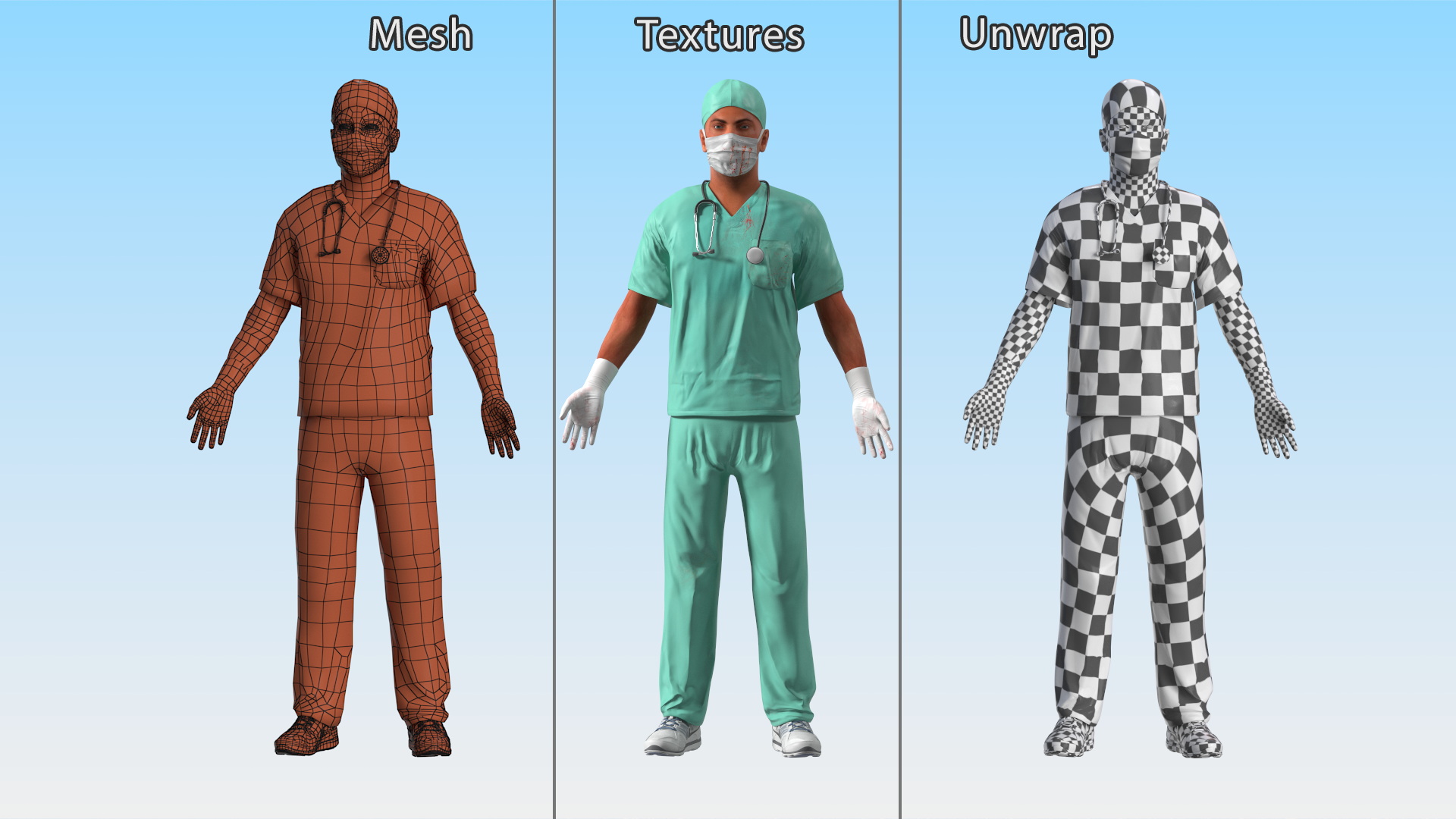 3D Male Surgeon Doctor wearing Mask Stained Blood Rigged model