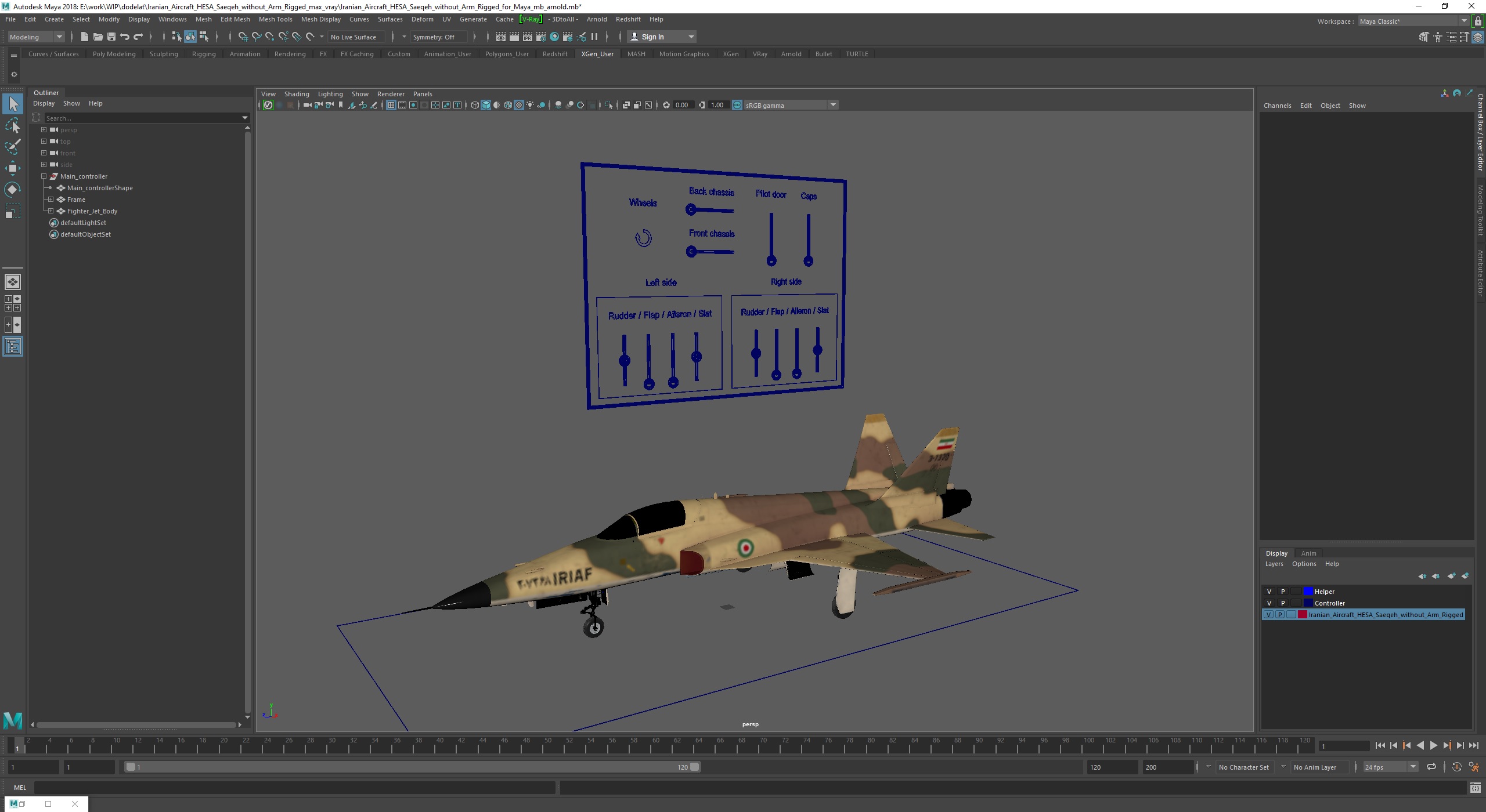 3D Iranian Aircraft HESA Saeqeh without Arm Rigged for Maya