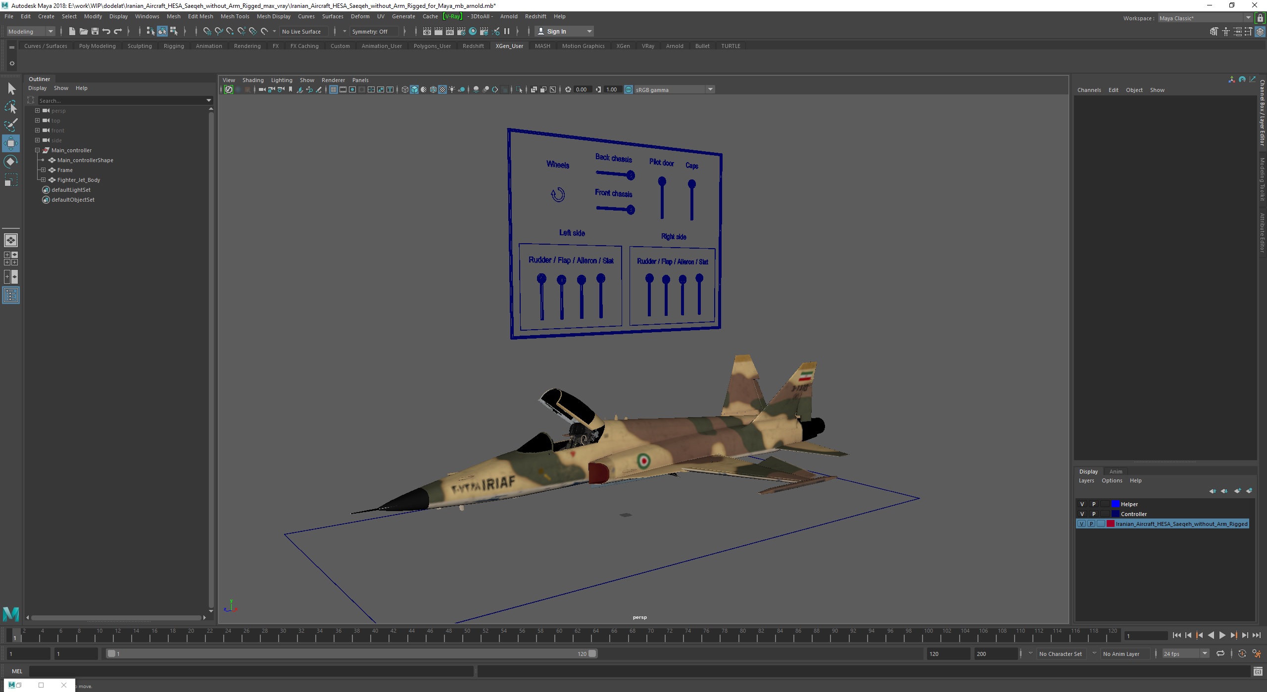 3D Iranian Aircraft HESA Saeqeh without Arm Rigged for Maya