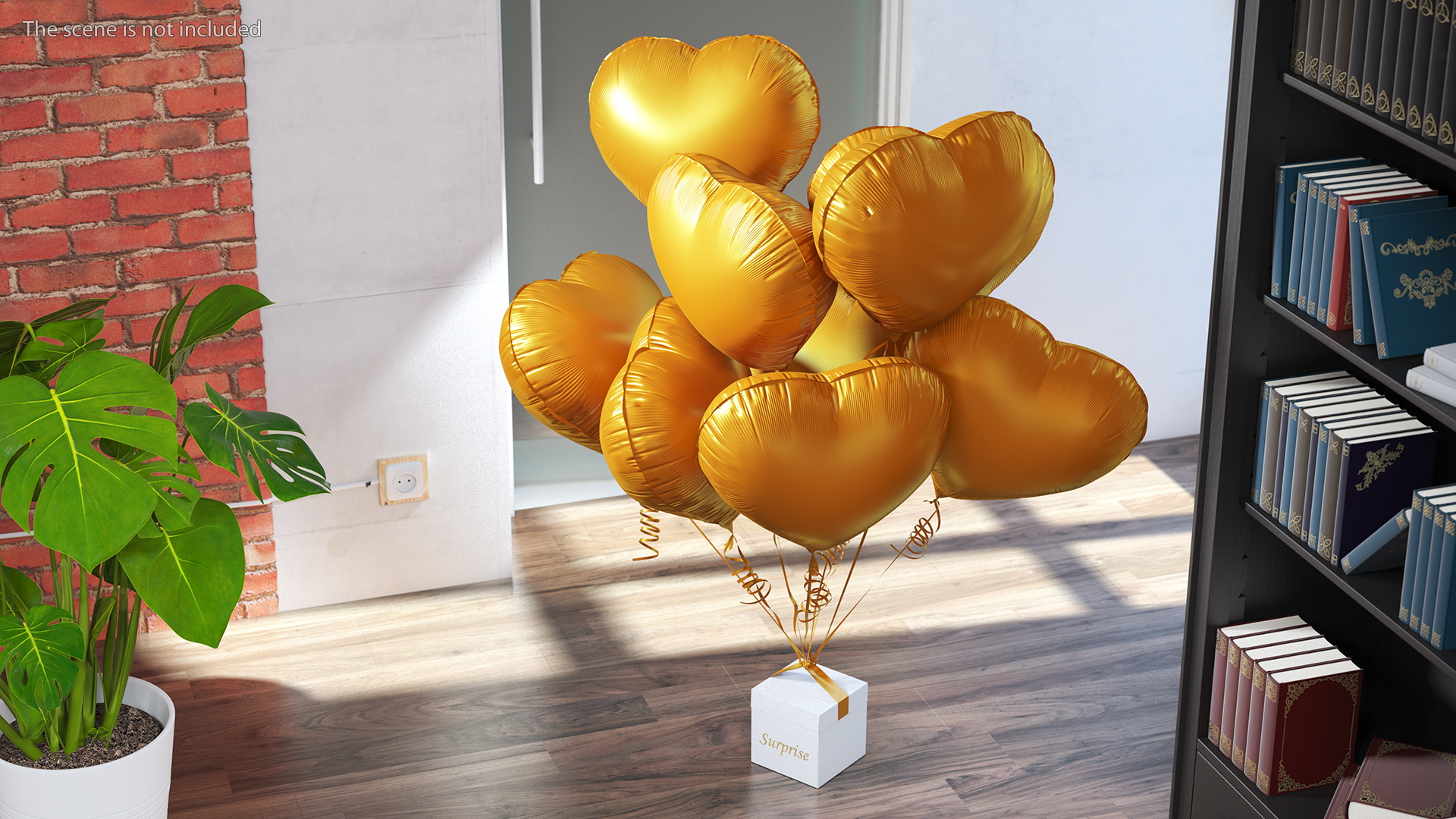 3D model Bouquet of Matte Gold Heart Balloons with Gift Box