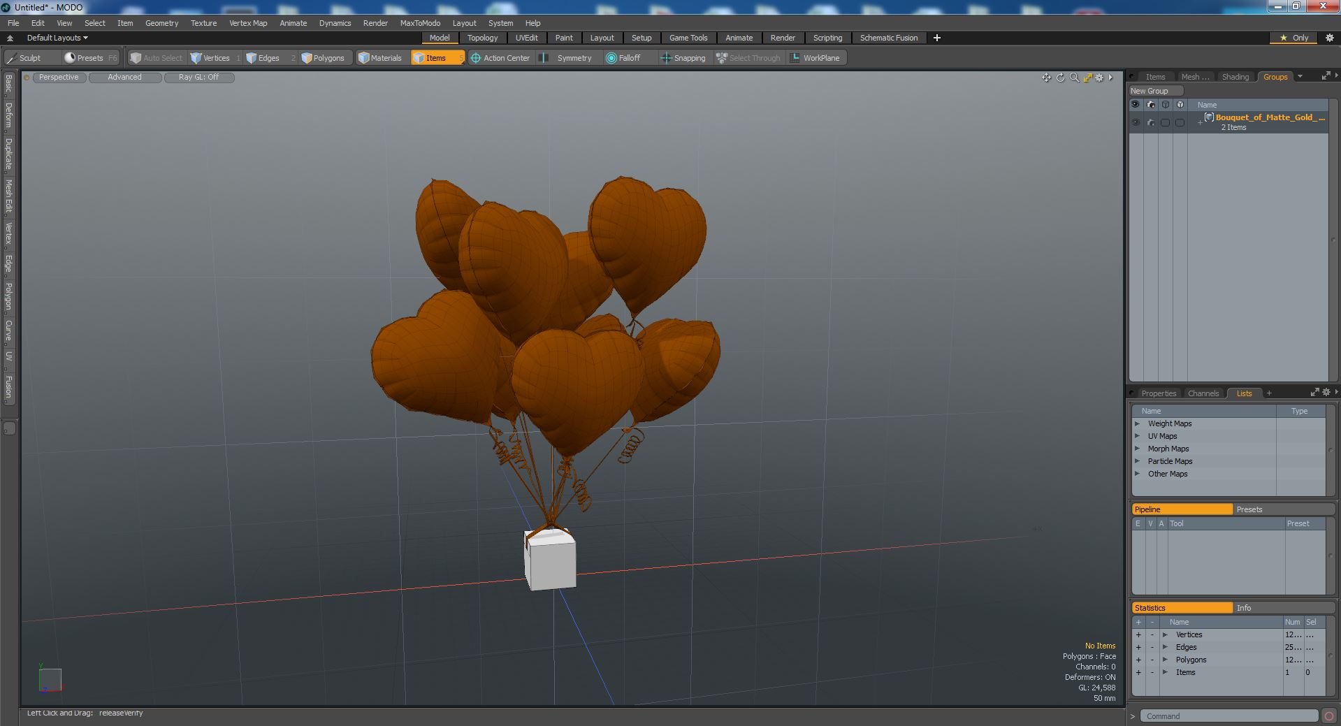 3D model Bouquet of Matte Gold Heart Balloons with Gift Box