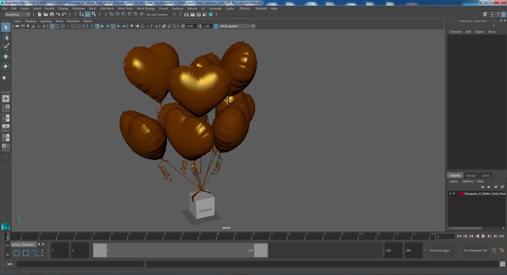 3D model Bouquet of Matte Gold Heart Balloons with Gift Box