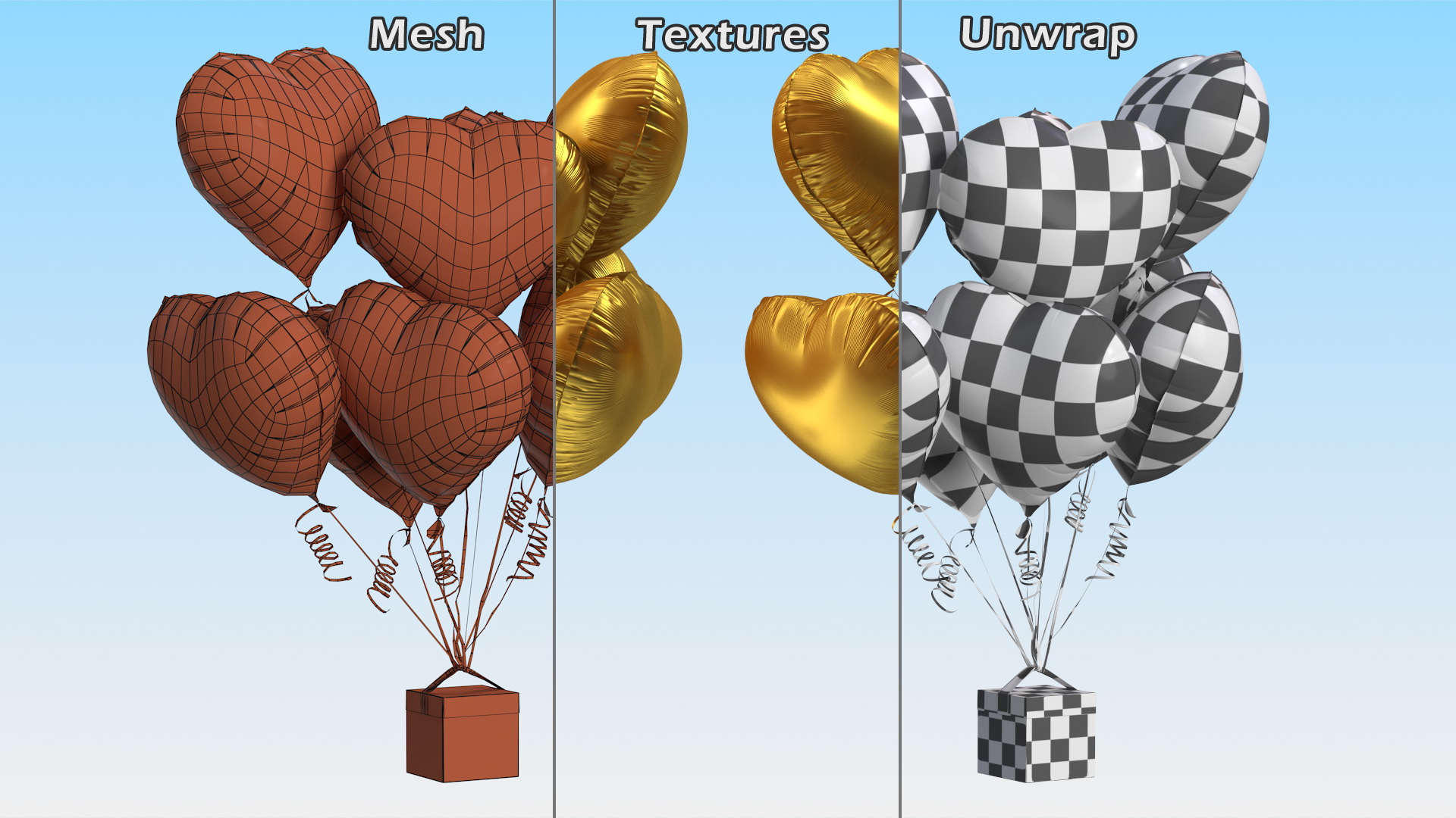 3D model Bouquet of Matte Gold Heart Balloons with Gift Box