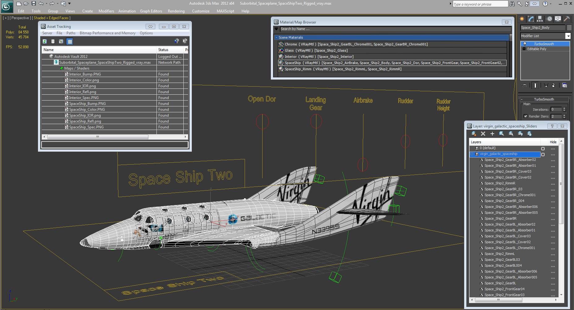 3D Suborbital Spaceplane SpaceShipTwo Rigged