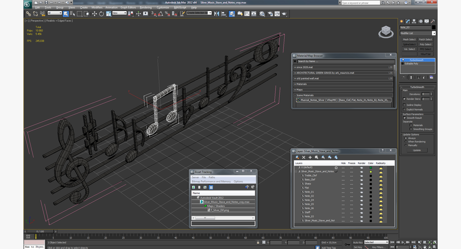 3D Silver Music Stave and Notes model