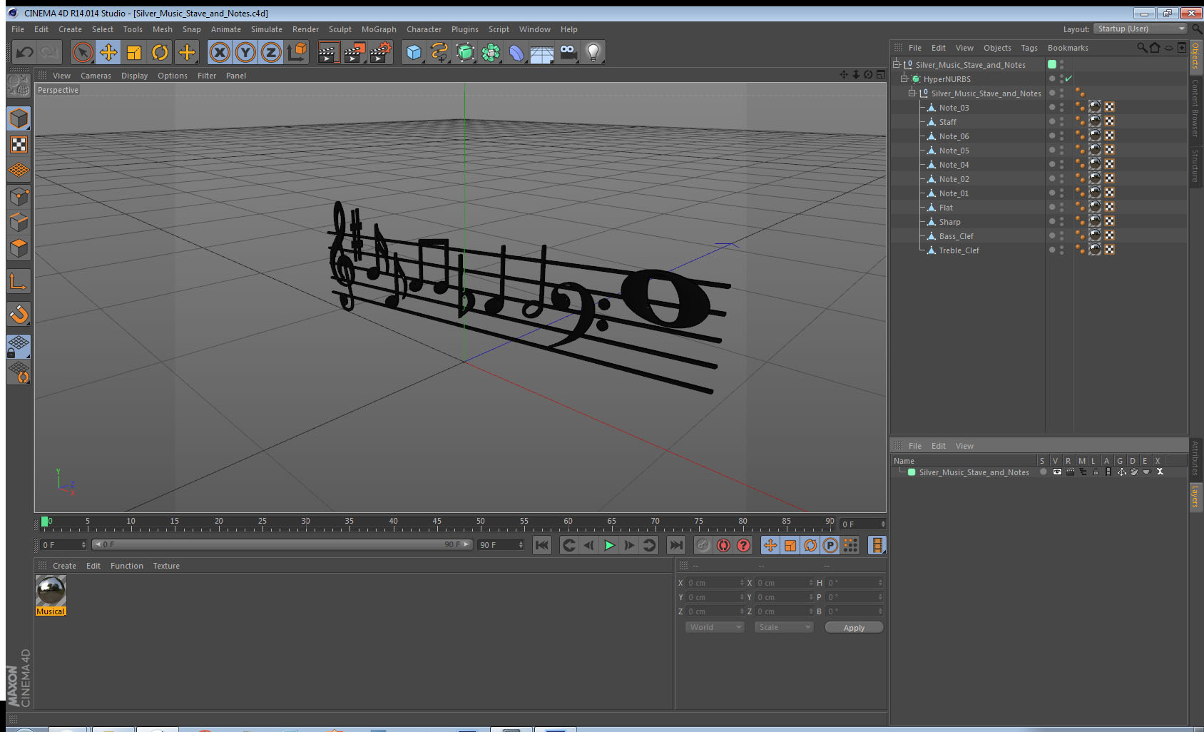 3D Silver Music Stave and Notes model