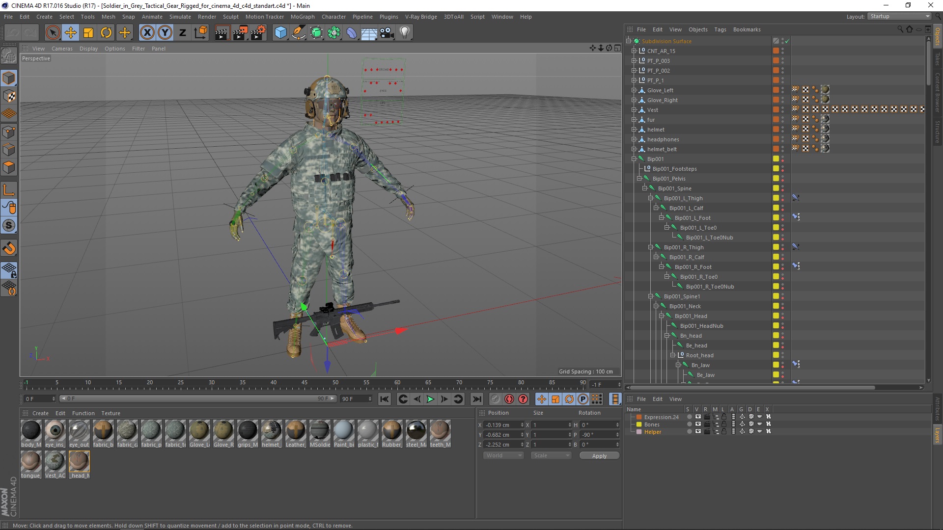 3D model Soldier in Grey Tactical Gear Rigged for Cinema 4D