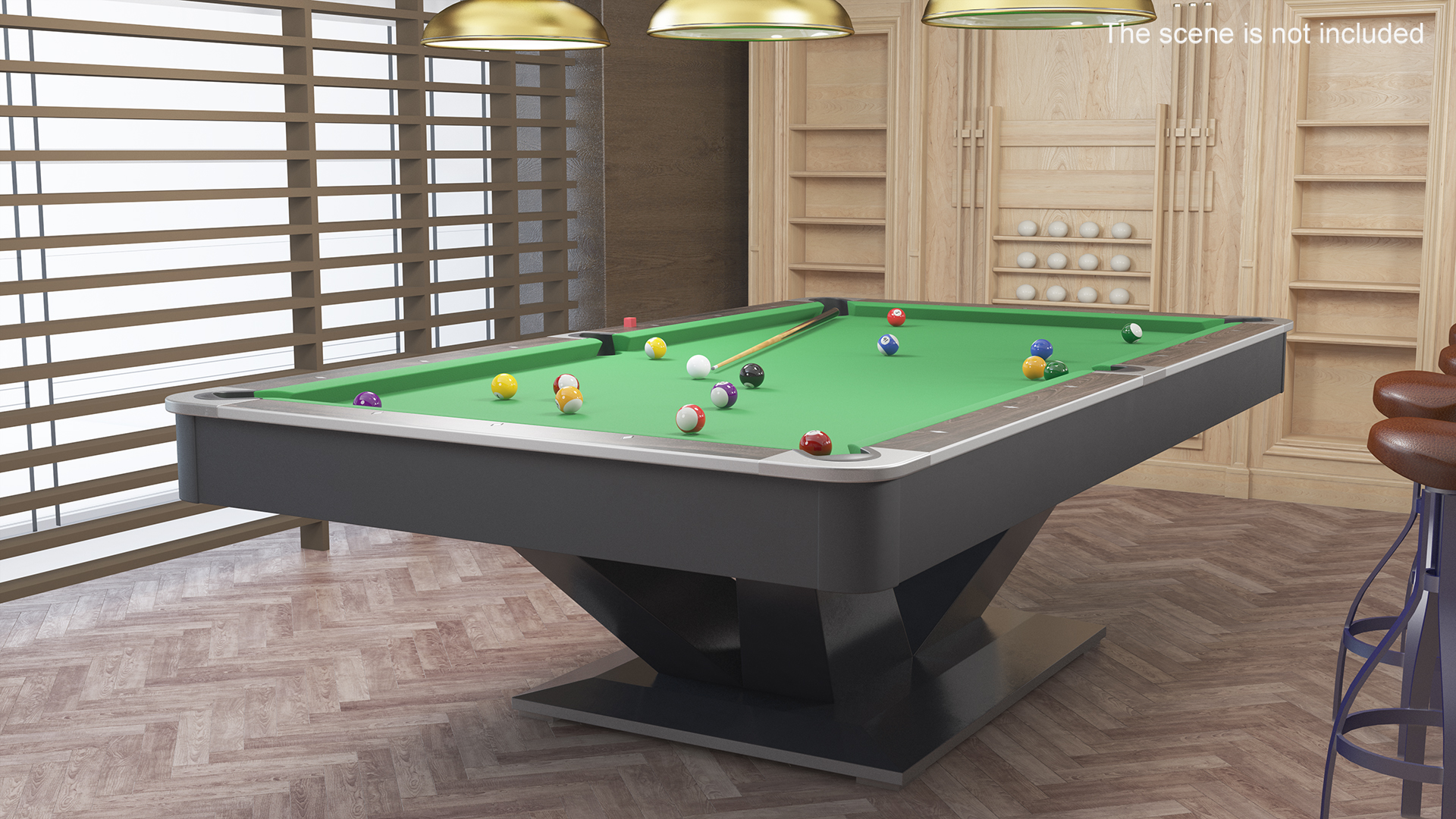 Professional American Pool Table Green with Balls and Cue 3D