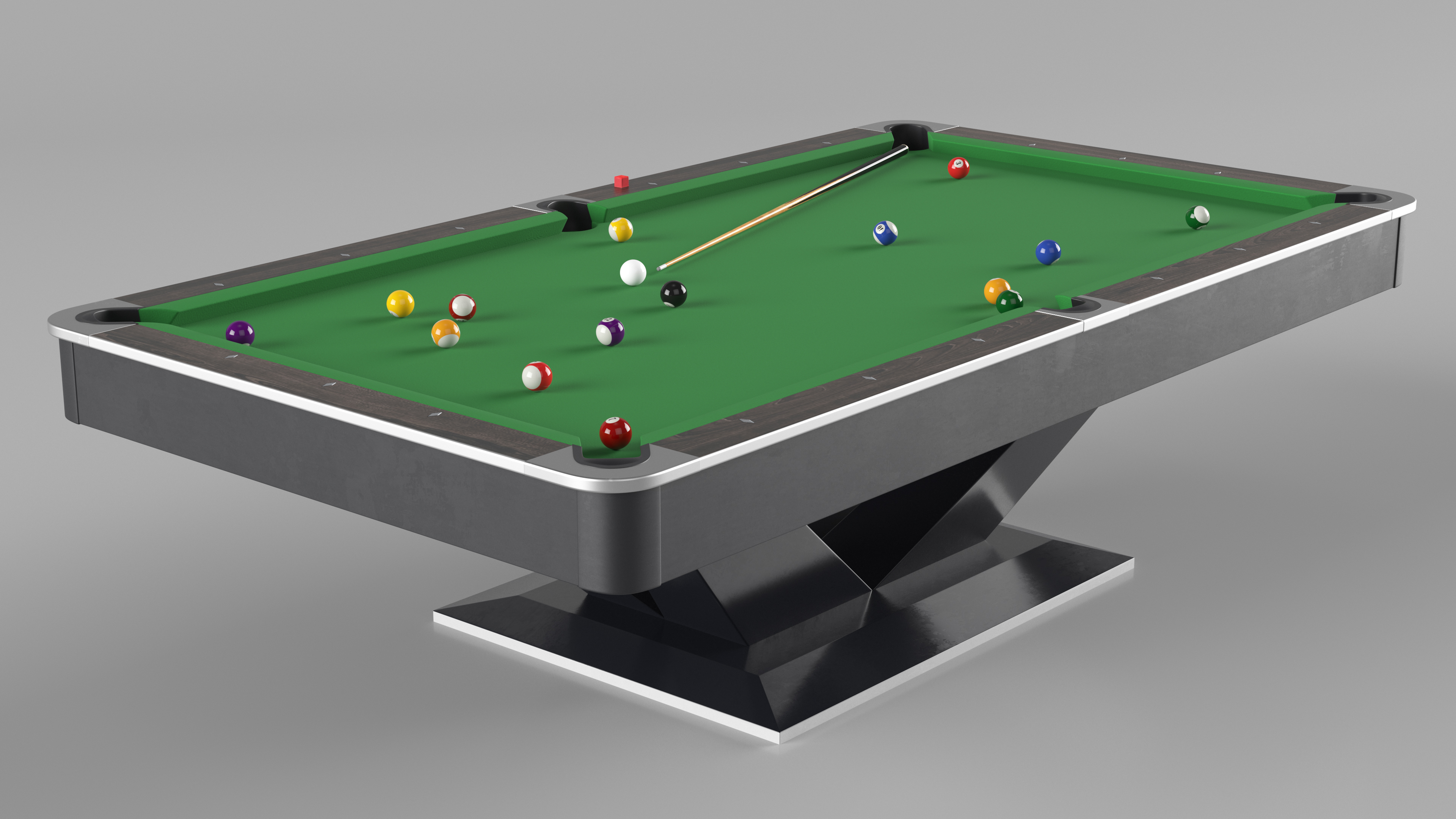 Professional American Pool Table Green with Balls and Cue 3D