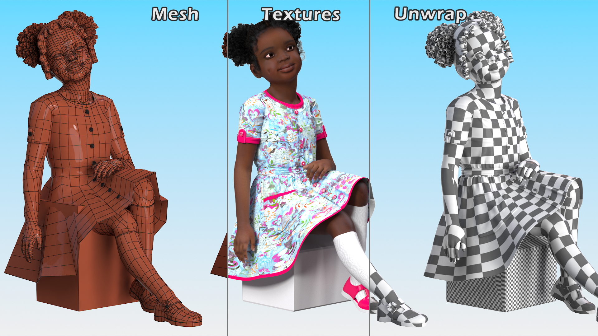 Black Child Girl Sitting Pose 3D model