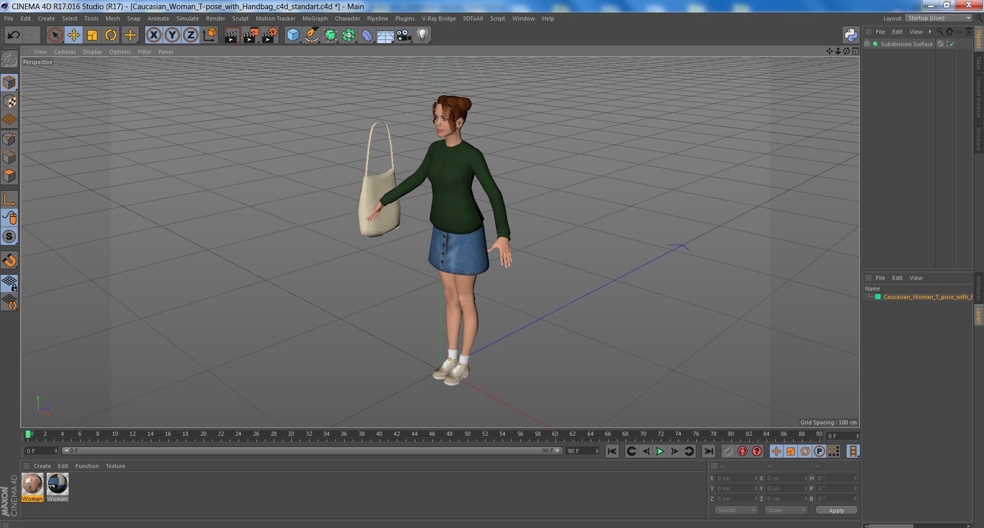 3D model Caucasian Woman T-pose with Handbag