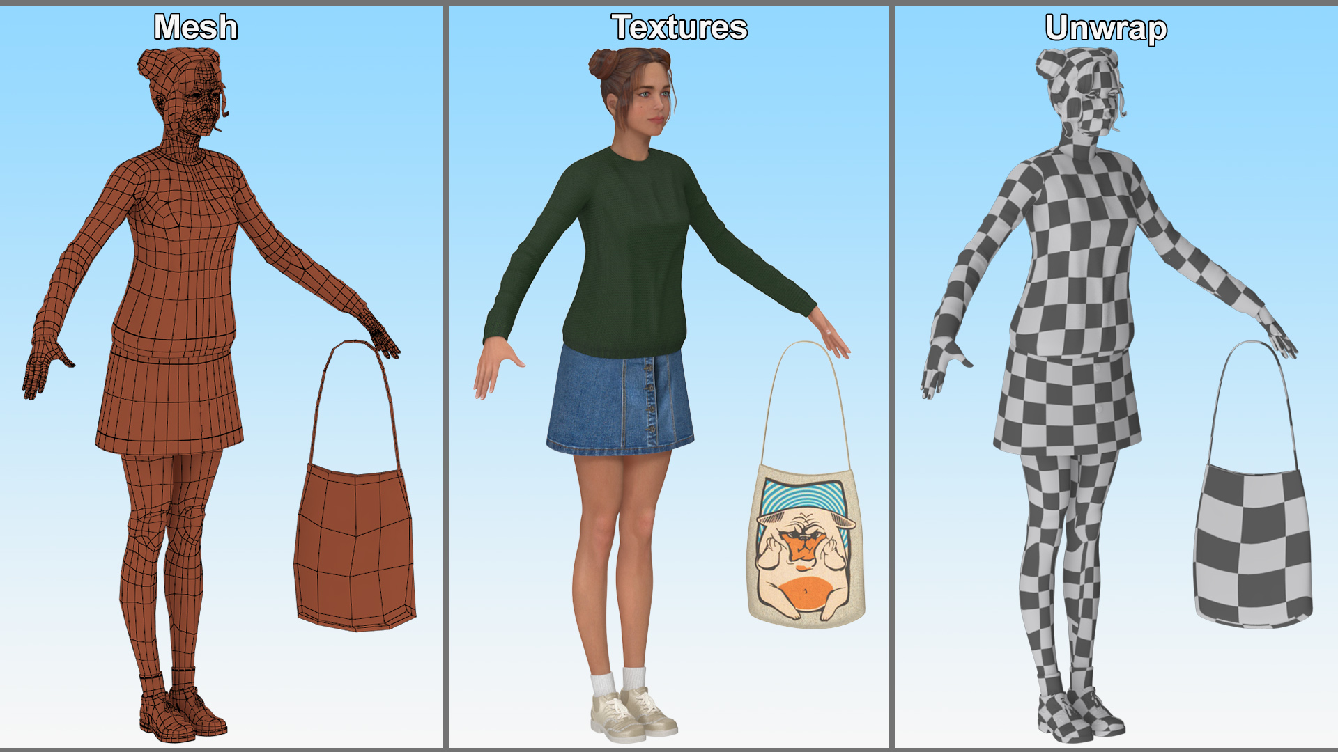 3D model Caucasian Woman T-pose with Handbag