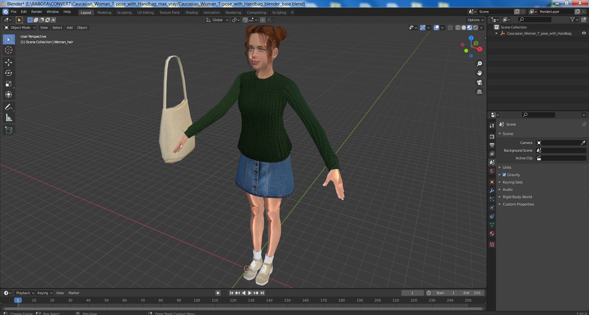 3D model Caucasian Woman T-pose with Handbag