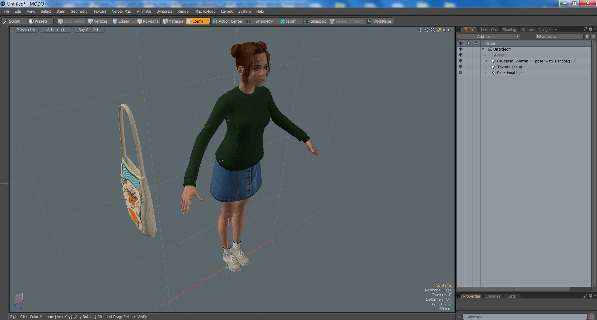 3D model Caucasian Woman T-pose with Handbag