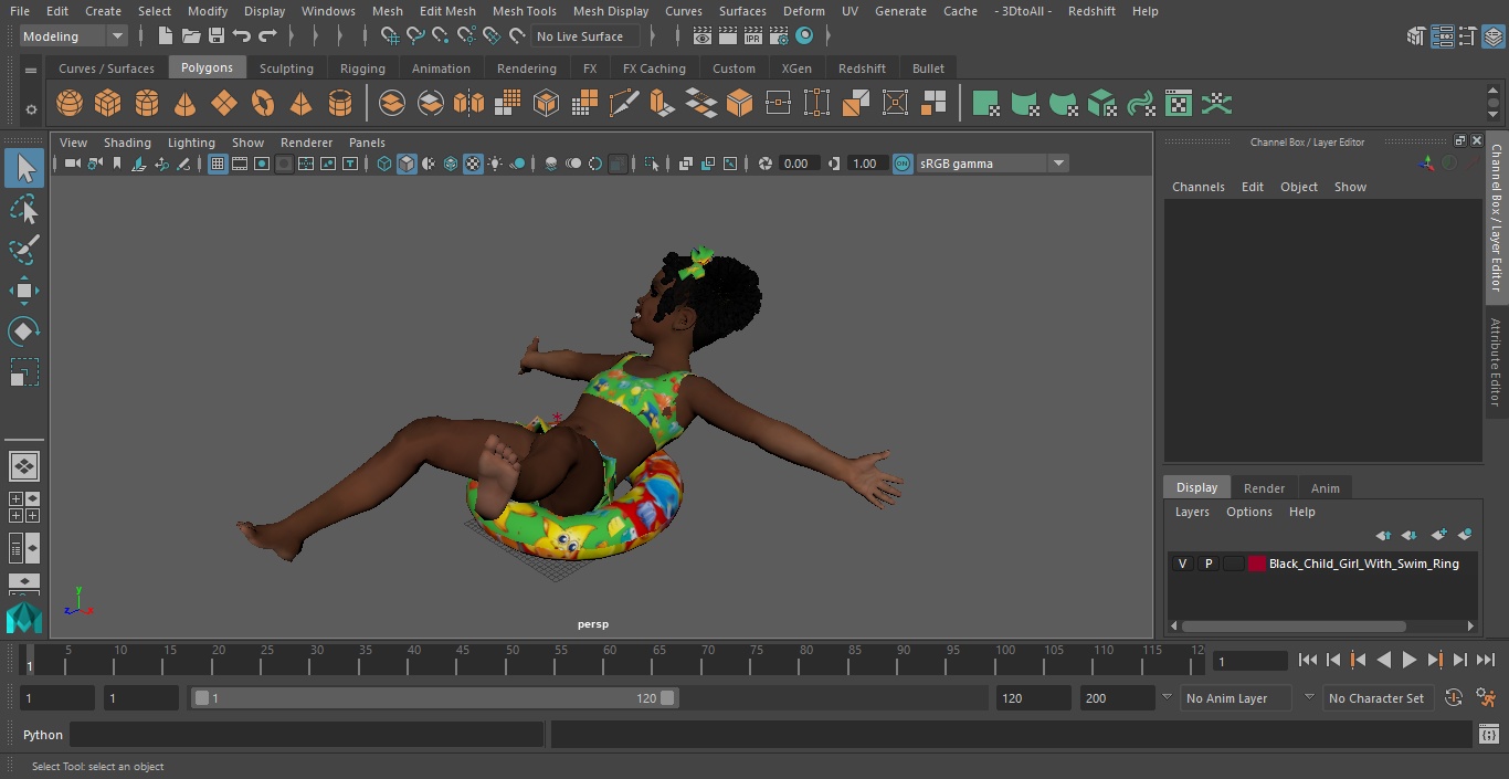 3D Black Child Girl With Swim Ring