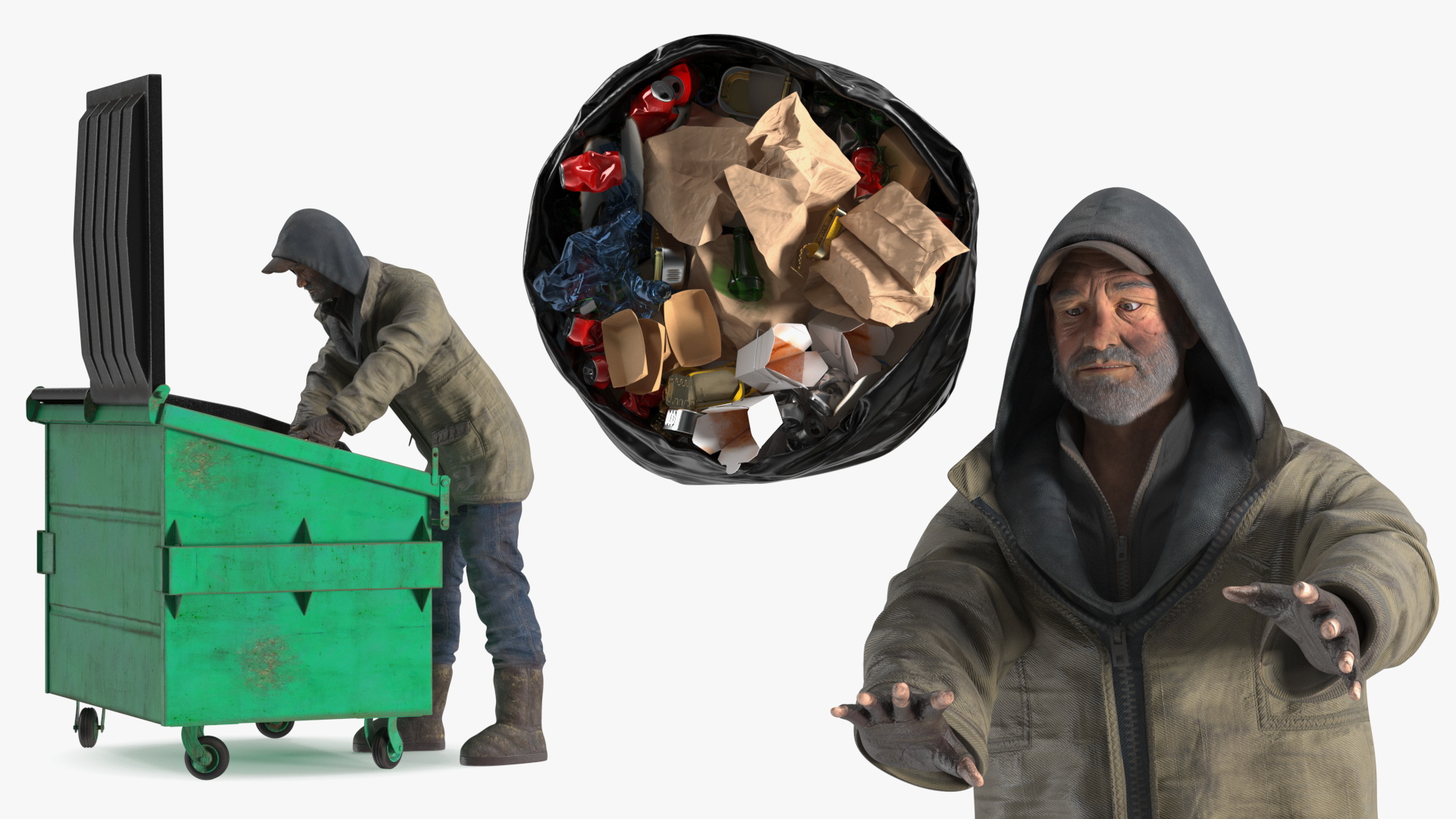 Homeless Man Digs Through Dumpster 3D model