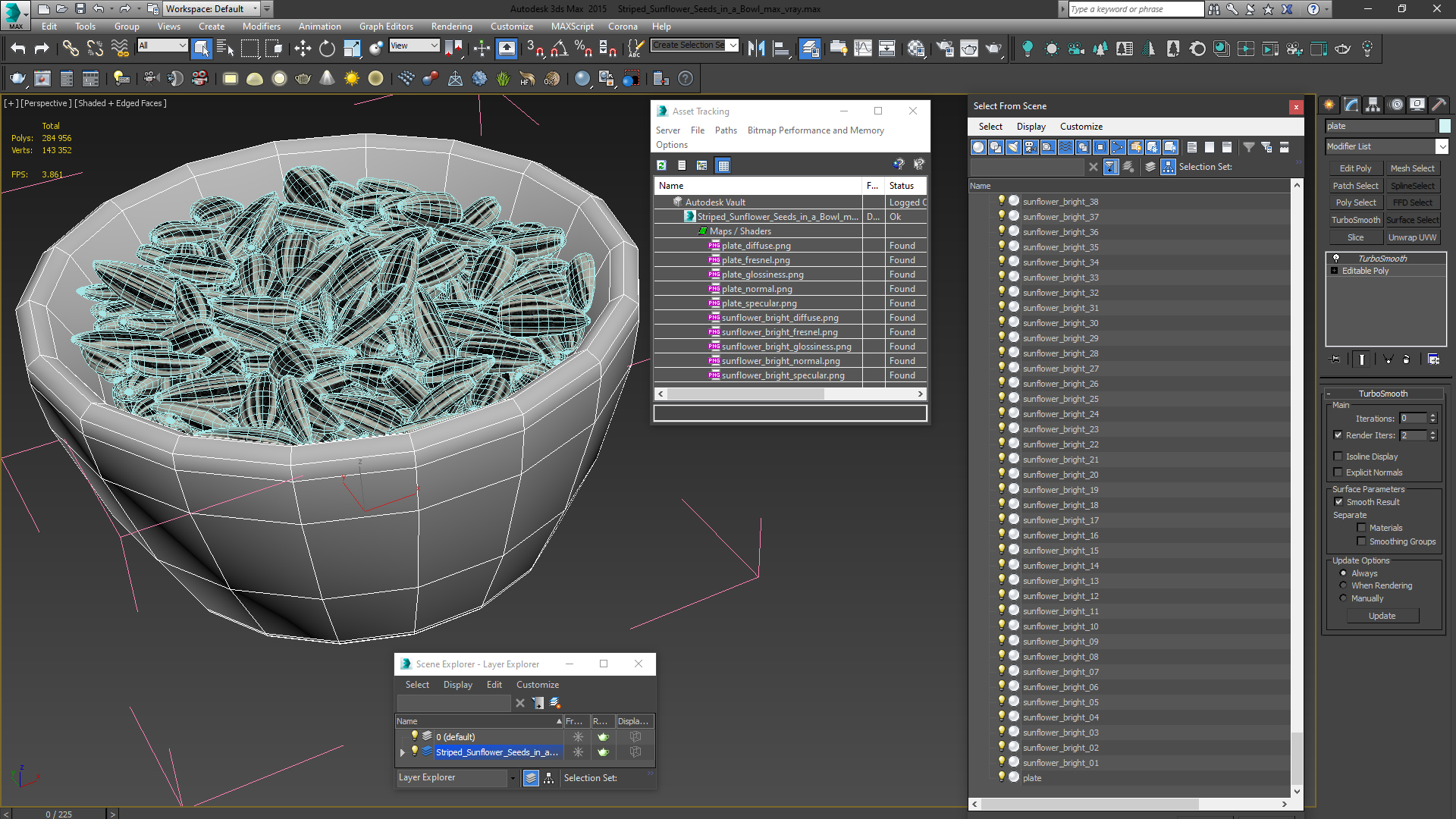 3D Striped Sunflower Seeds in a Bowl model