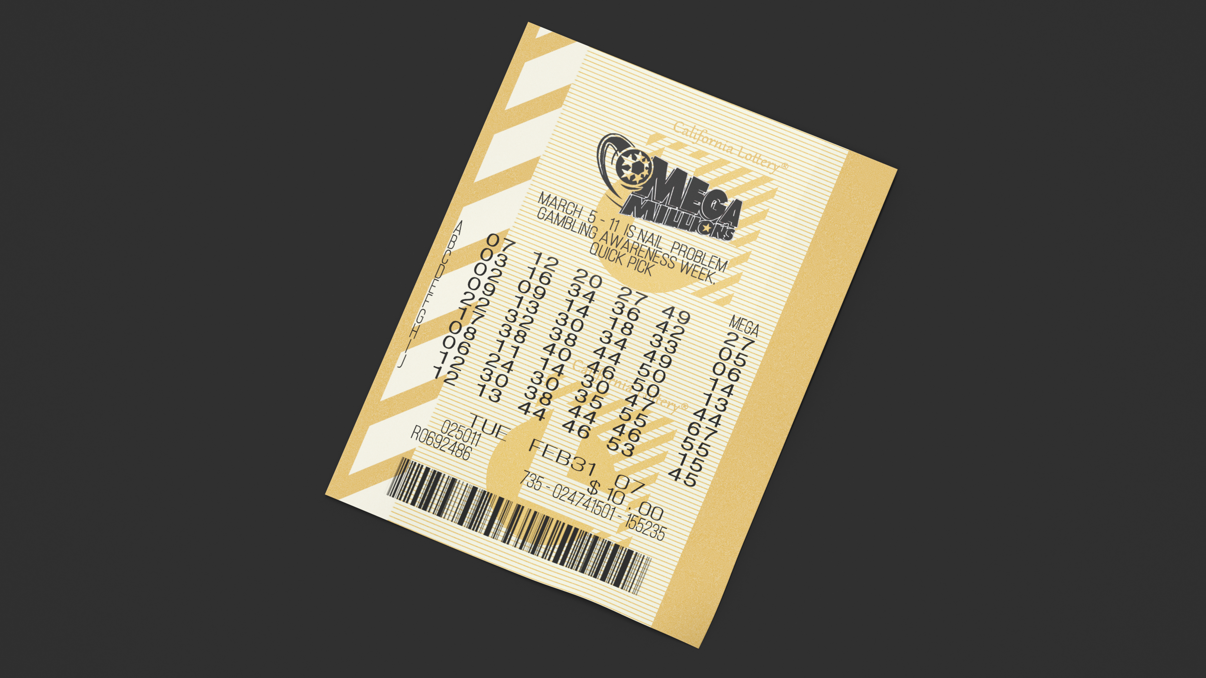 Plain Ticket of Mega Millions Lottery 3D