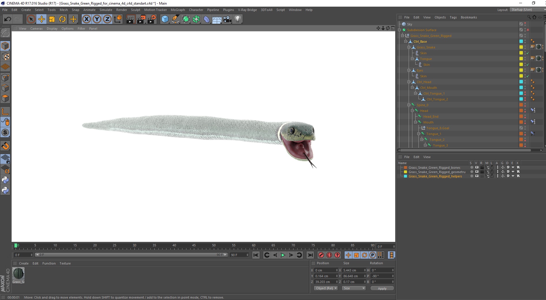 3D Grass Snake Green Rigged for Cinema 4D model