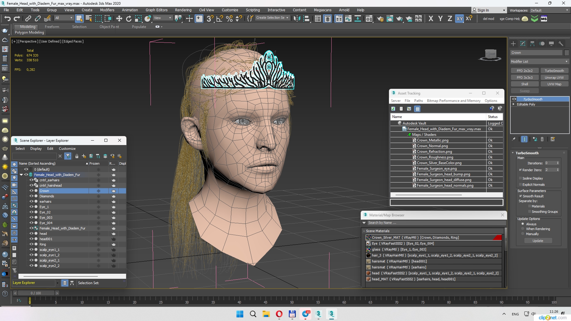 Female Head with Diadem Fur 3D