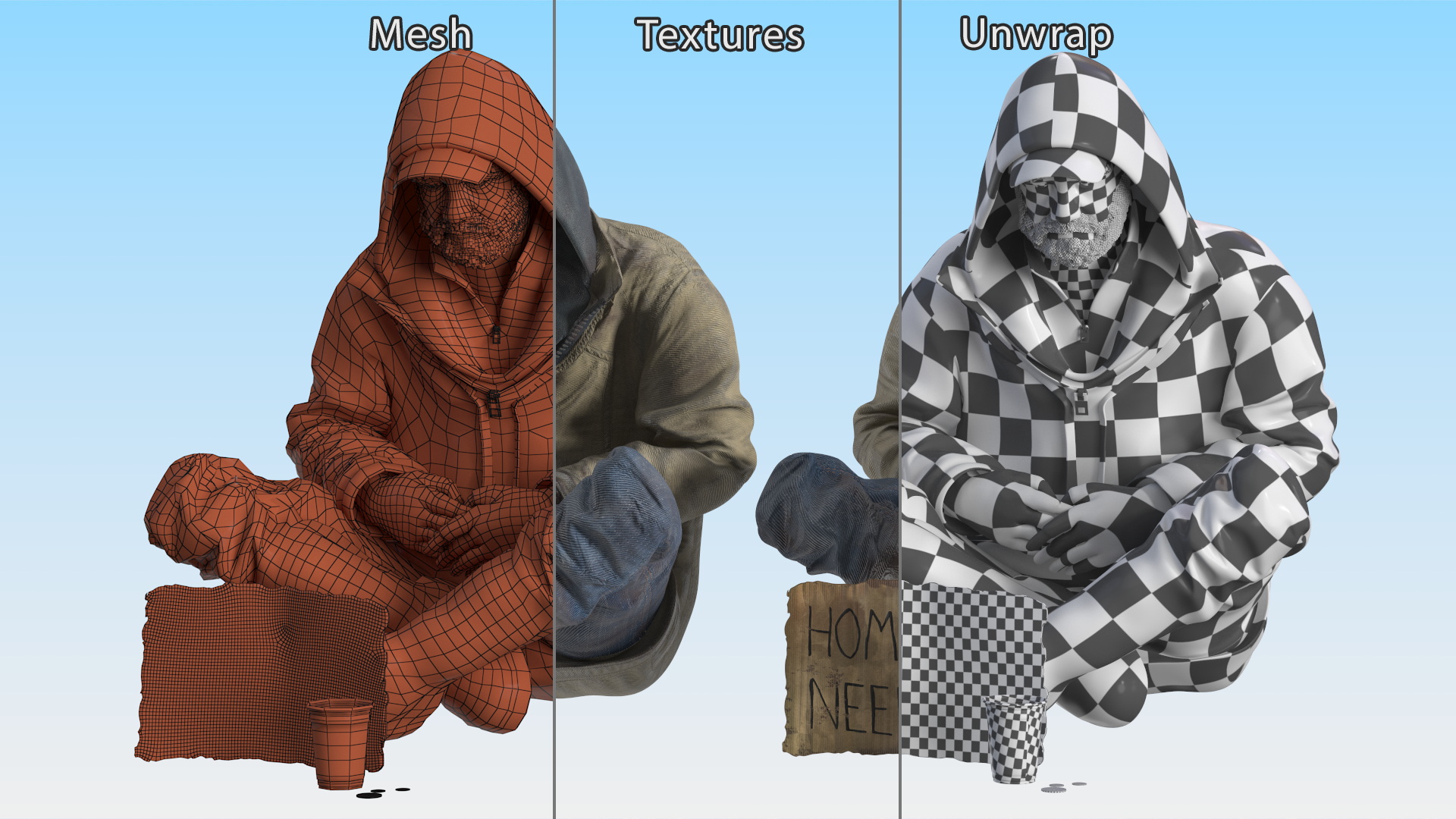 Homeless Man with a Sign and a Cup of Change 3D model