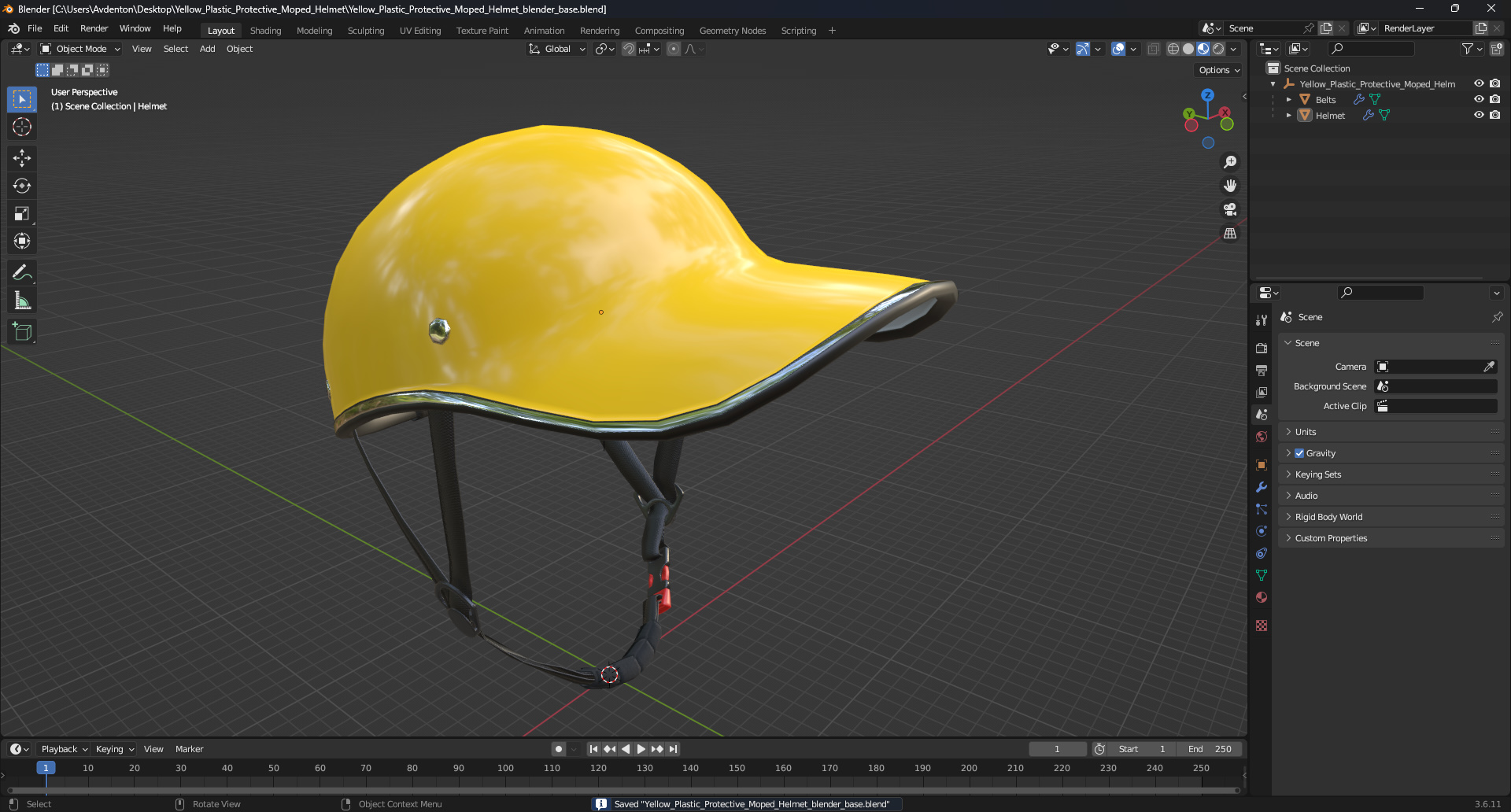 3D Yellow Plastic Protective Moped Helmet model