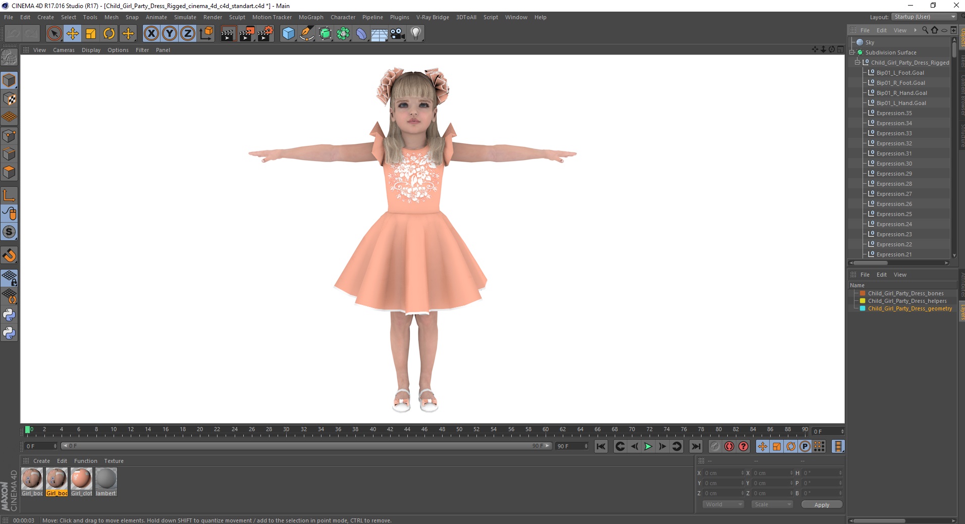 3D Child Girl Party Dress Rigged for Cinema 4D model