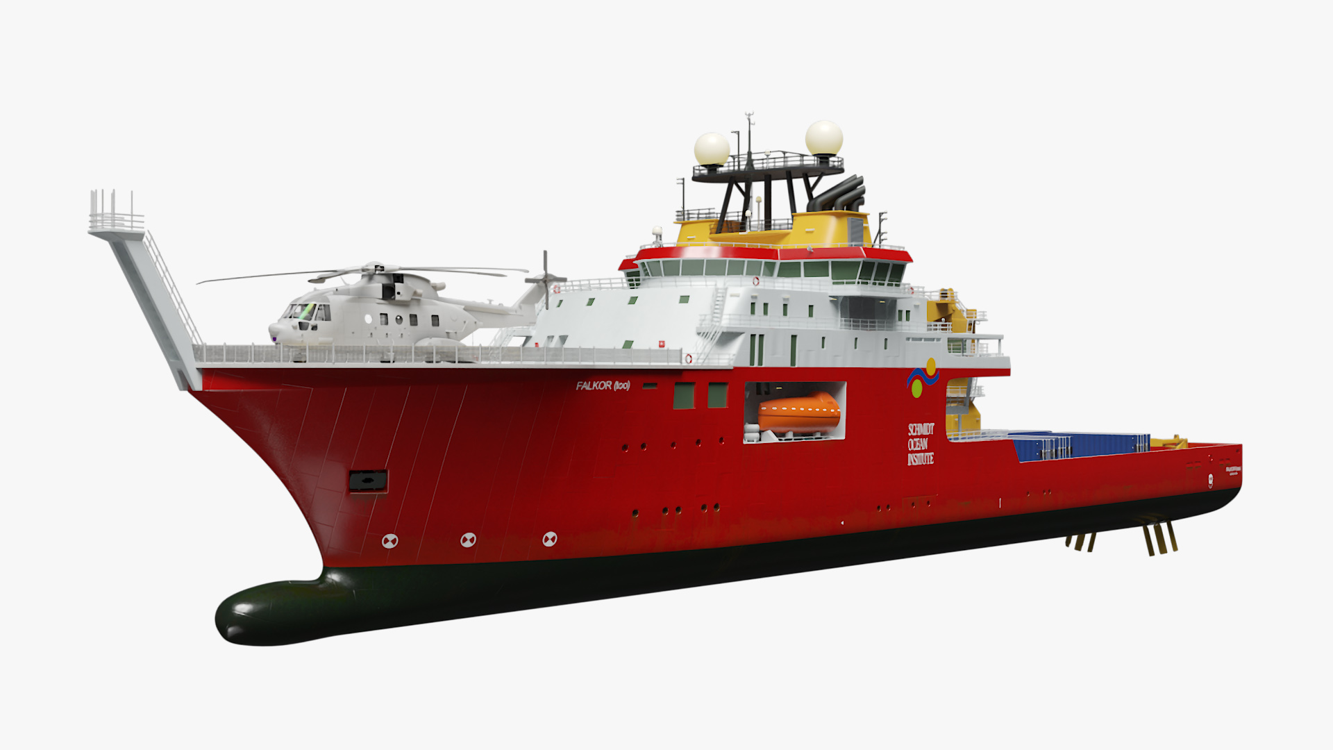 Falkor Too Research Vessel with Transport Helicopter 3D