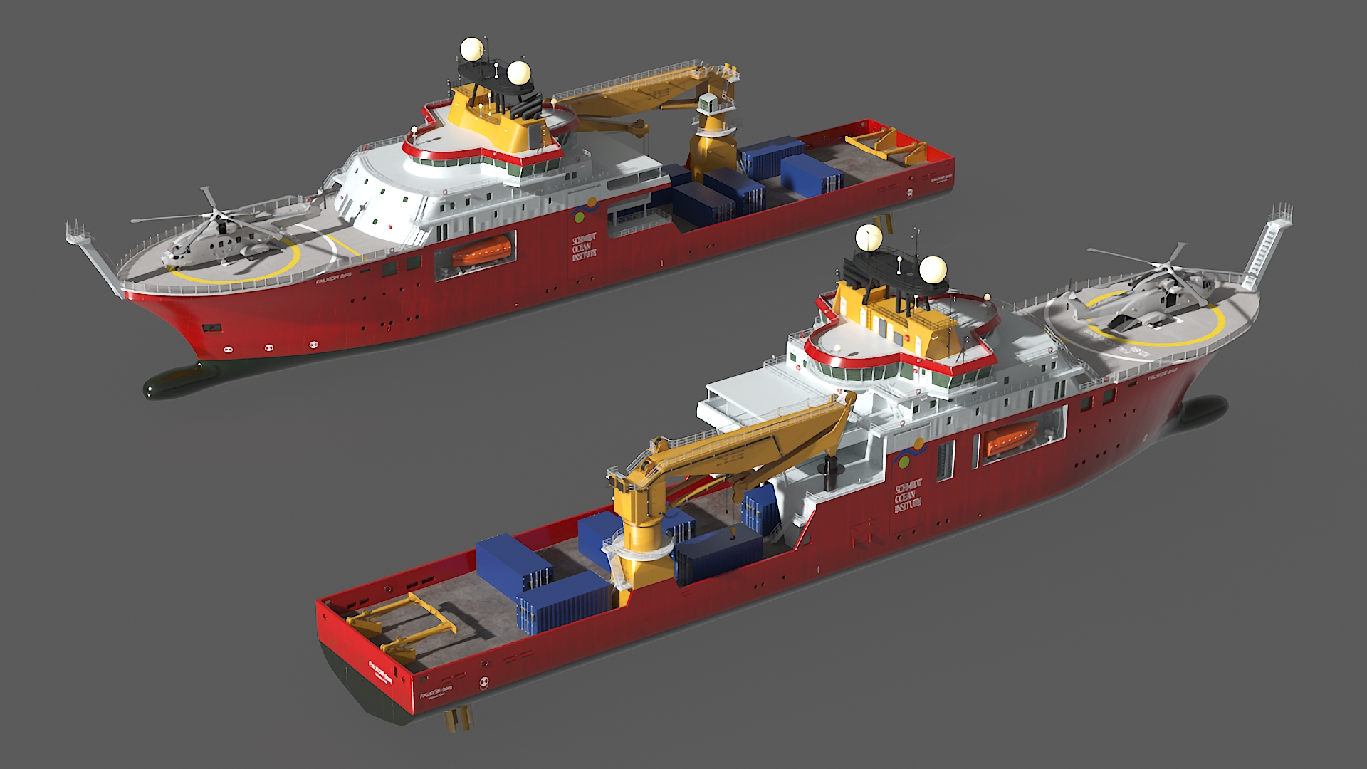 Falkor Too Research Vessel with Transport Helicopter 3D