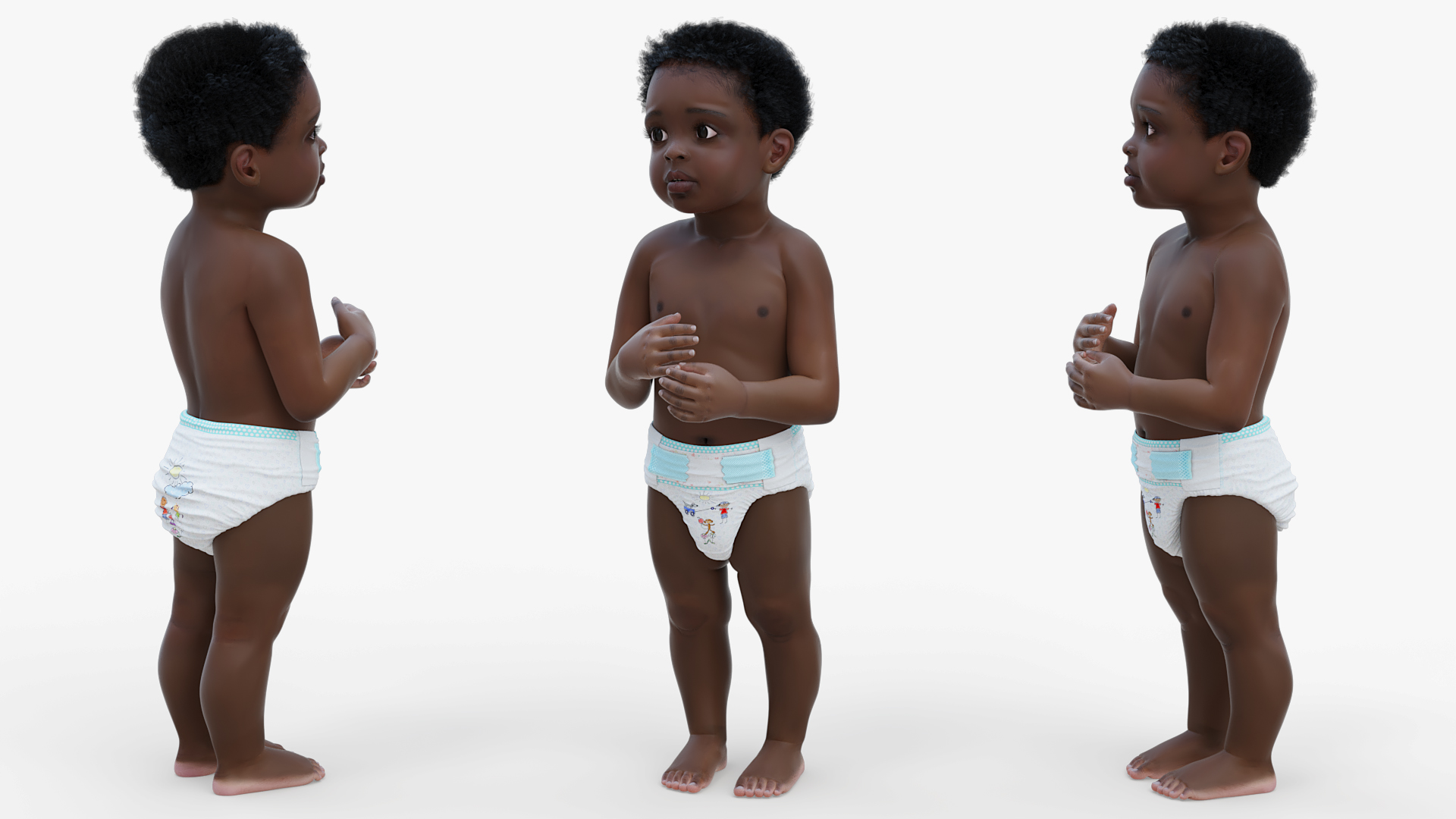 3D Toddler Boy Dark Skinned in Diaper Standing model