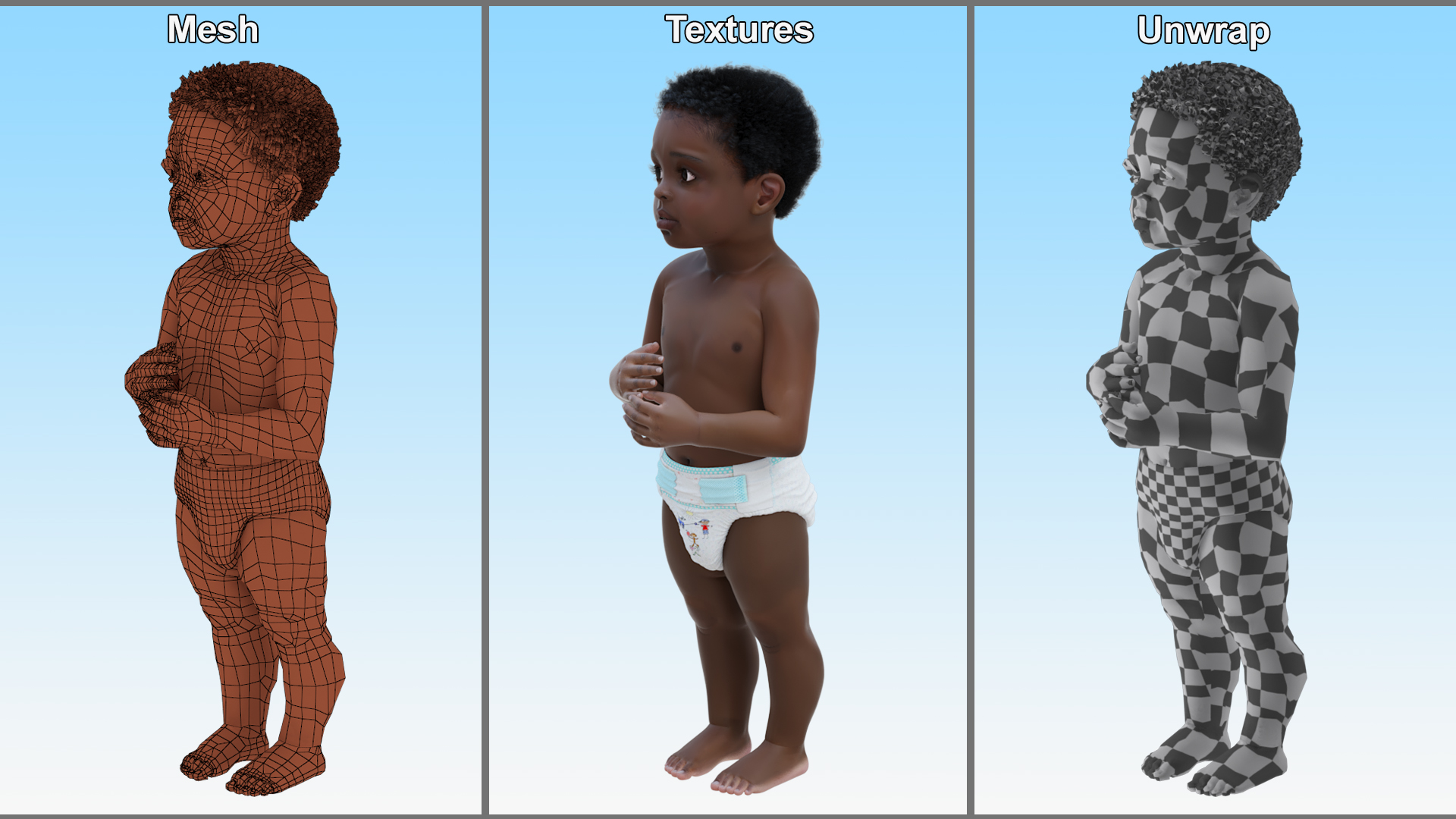 3D Toddler Boy Dark Skinned in Diaper Standing model