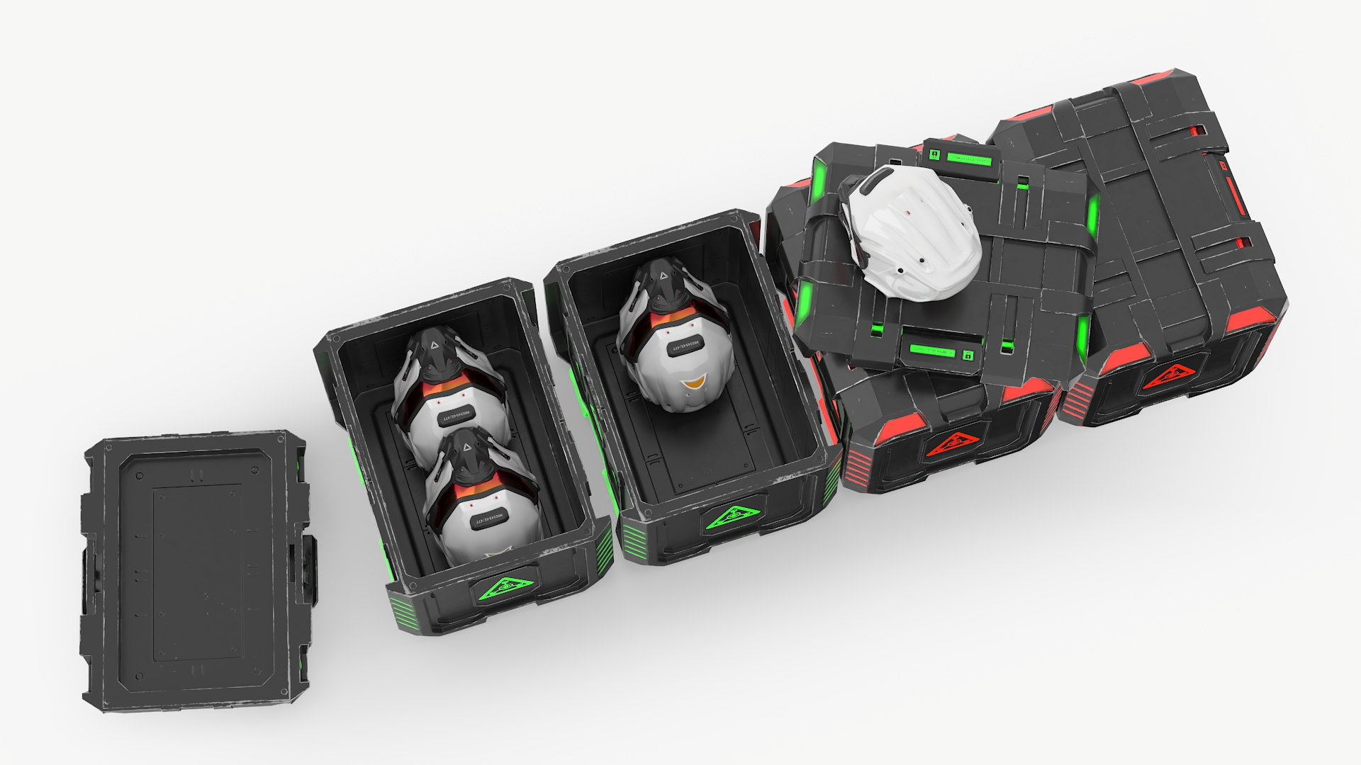 Futuristic Storage Crate with Sci-Fi Helmets 3D model