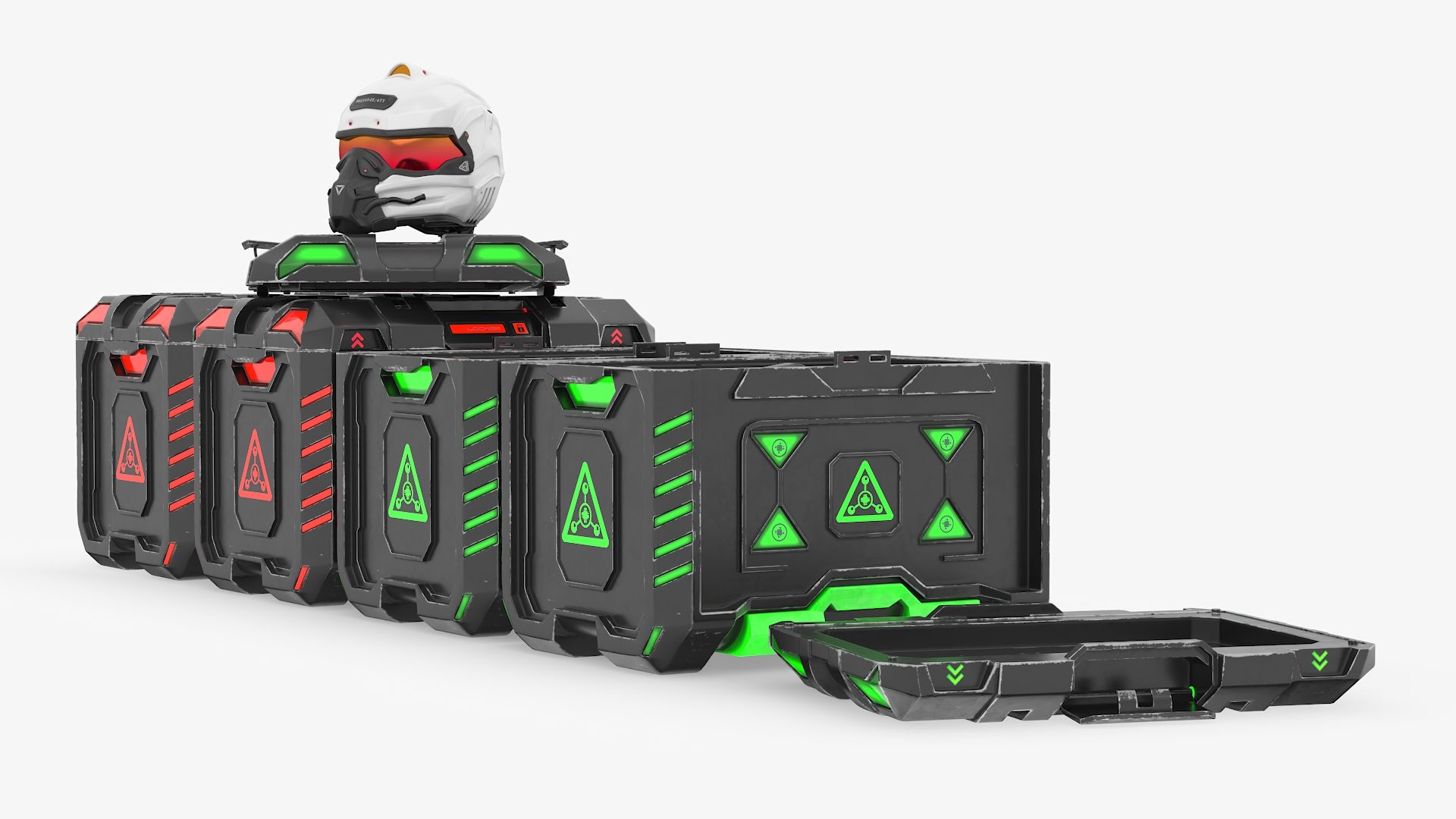 Futuristic Storage Crate with Sci-Fi Helmets 3D model