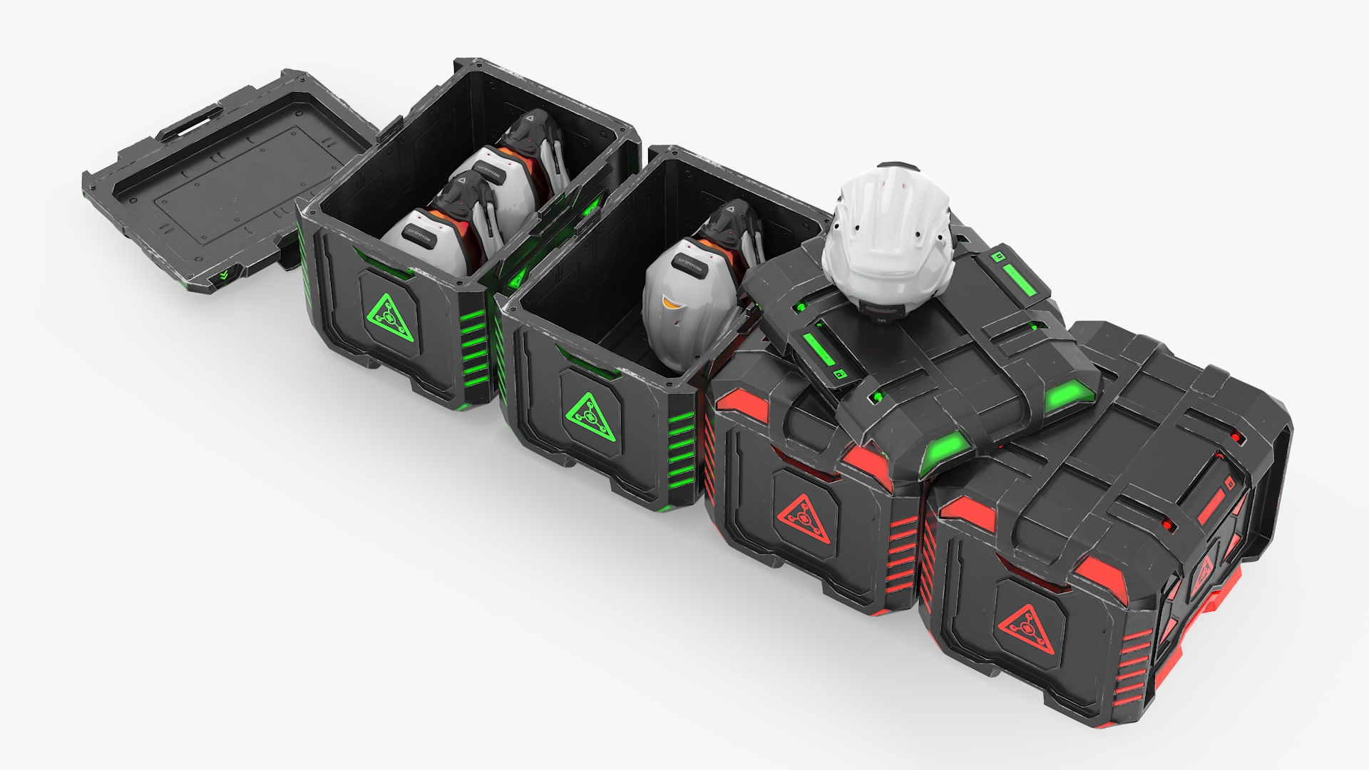 Futuristic Storage Crate with Sci-Fi Helmets 3D model