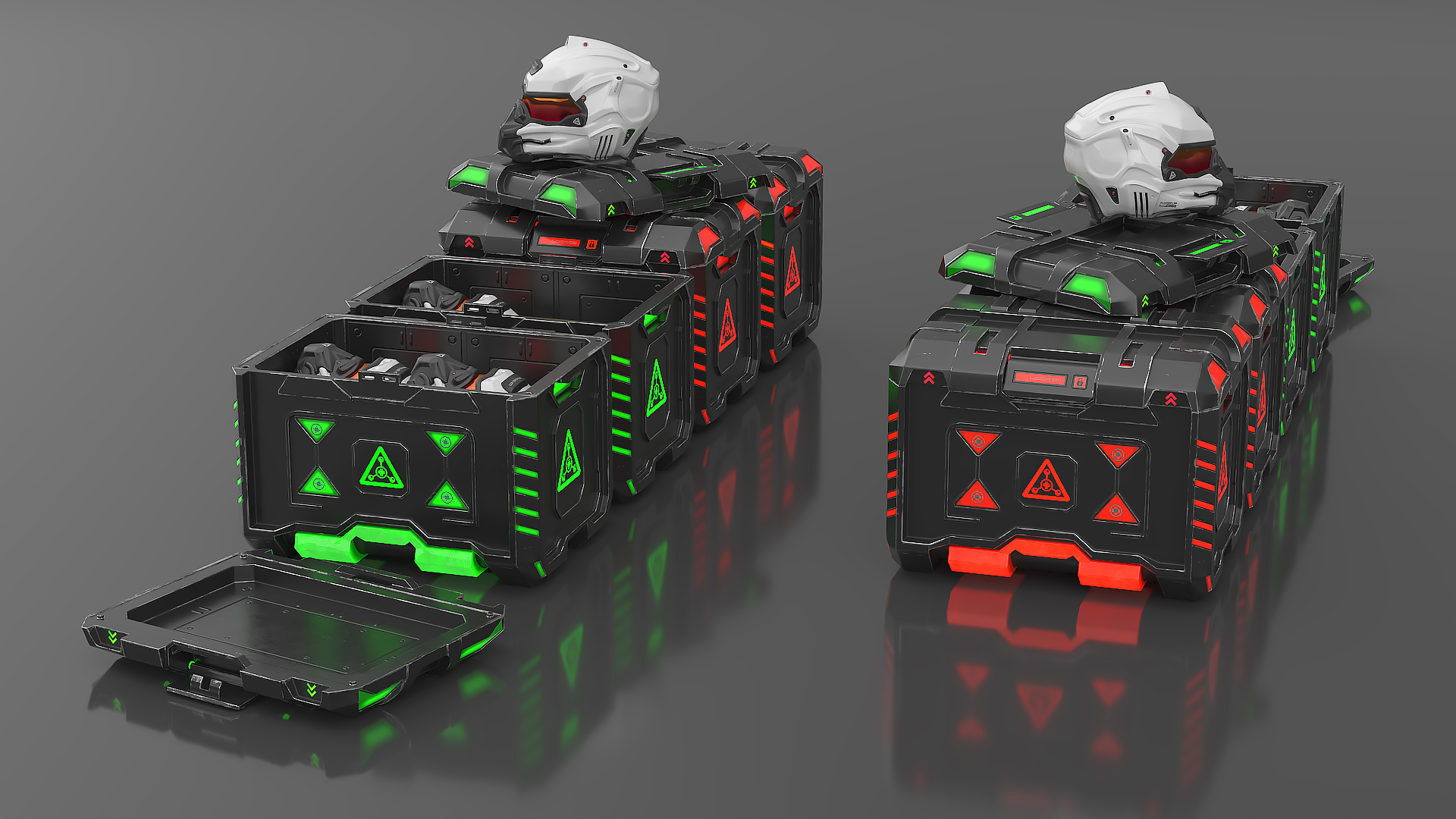 Futuristic Storage Crate with Sci-Fi Helmets 3D model