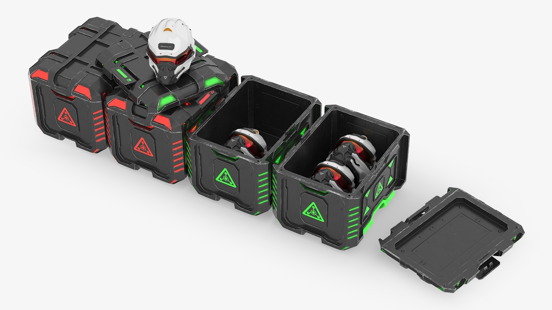 Futuristic Storage Crate with Sci-Fi Helmets 3D model