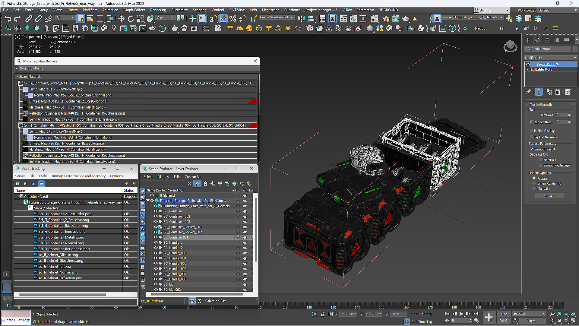 Futuristic Storage Crate with Sci-Fi Helmets 3D model