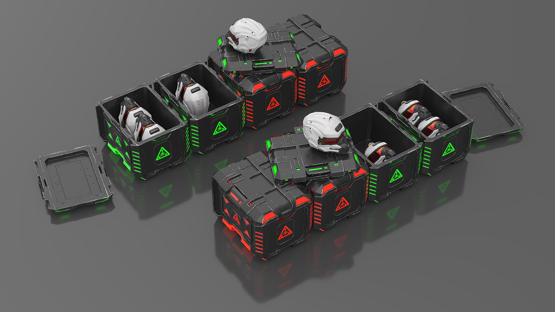 Futuristic Storage Crate with Sci-Fi Helmets 3D model