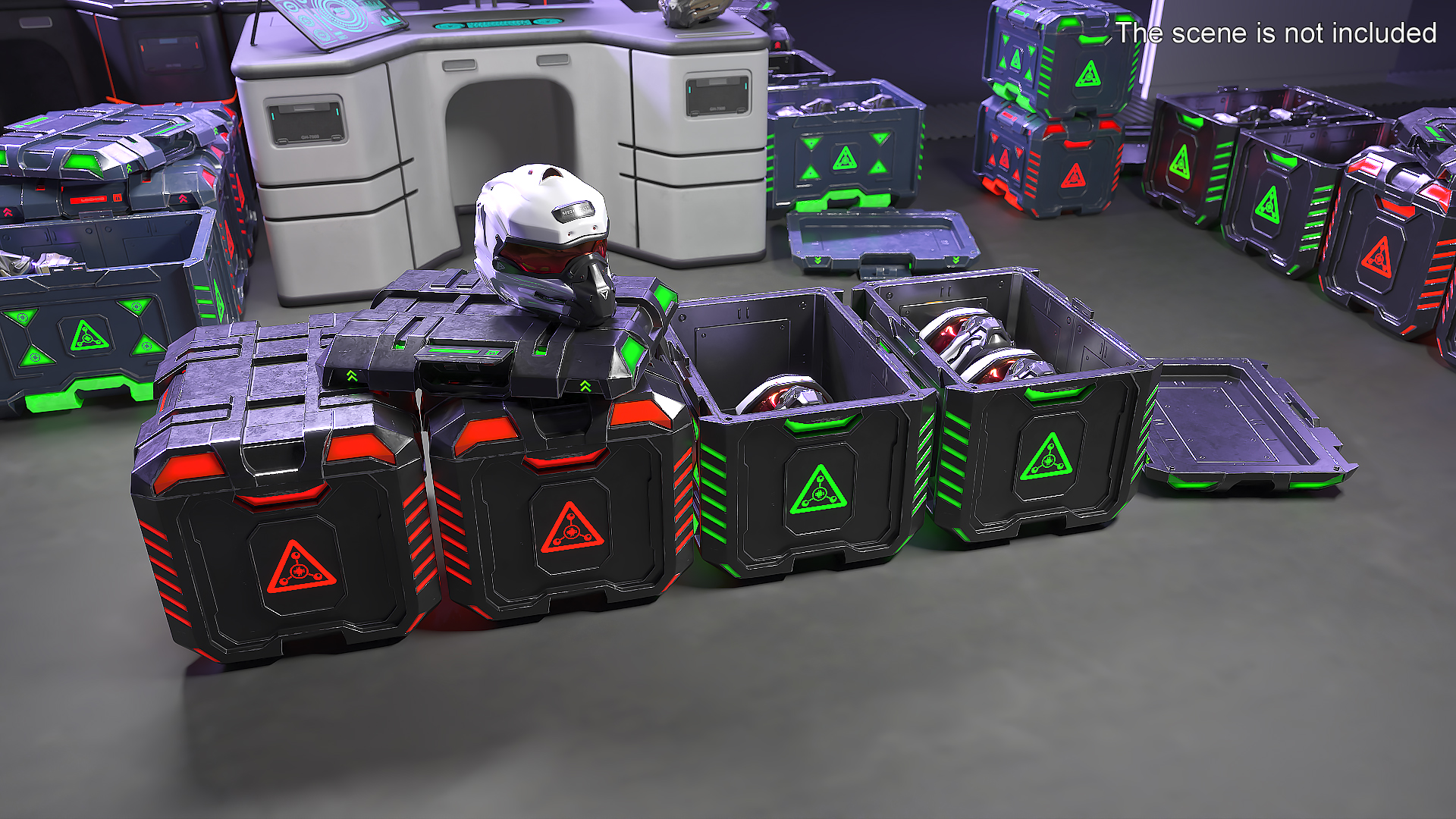 Futuristic Storage Crate with Sci-Fi Helmets 3D model