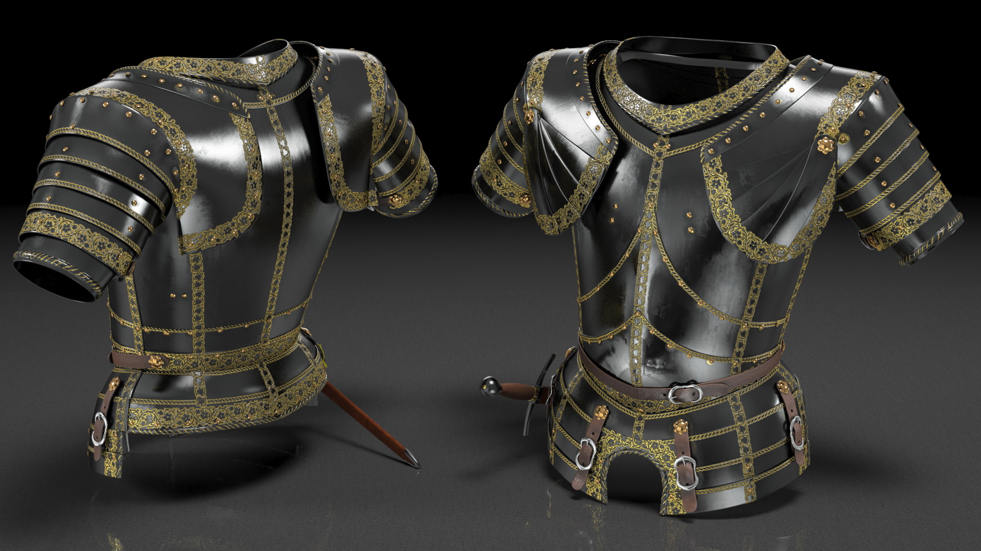 3D Medieval Knight Black Gold Chest Armor model