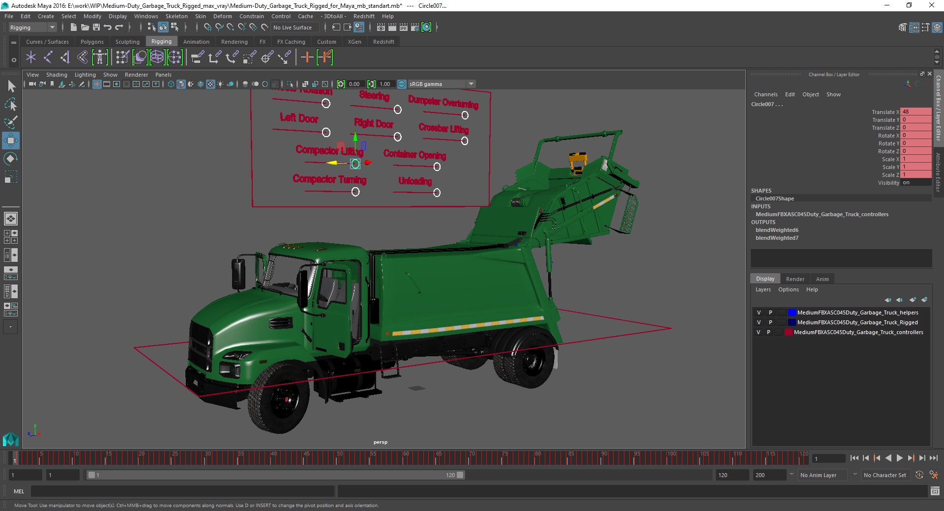 3D Medium-Duty Garbage Truck Rigged for Maya