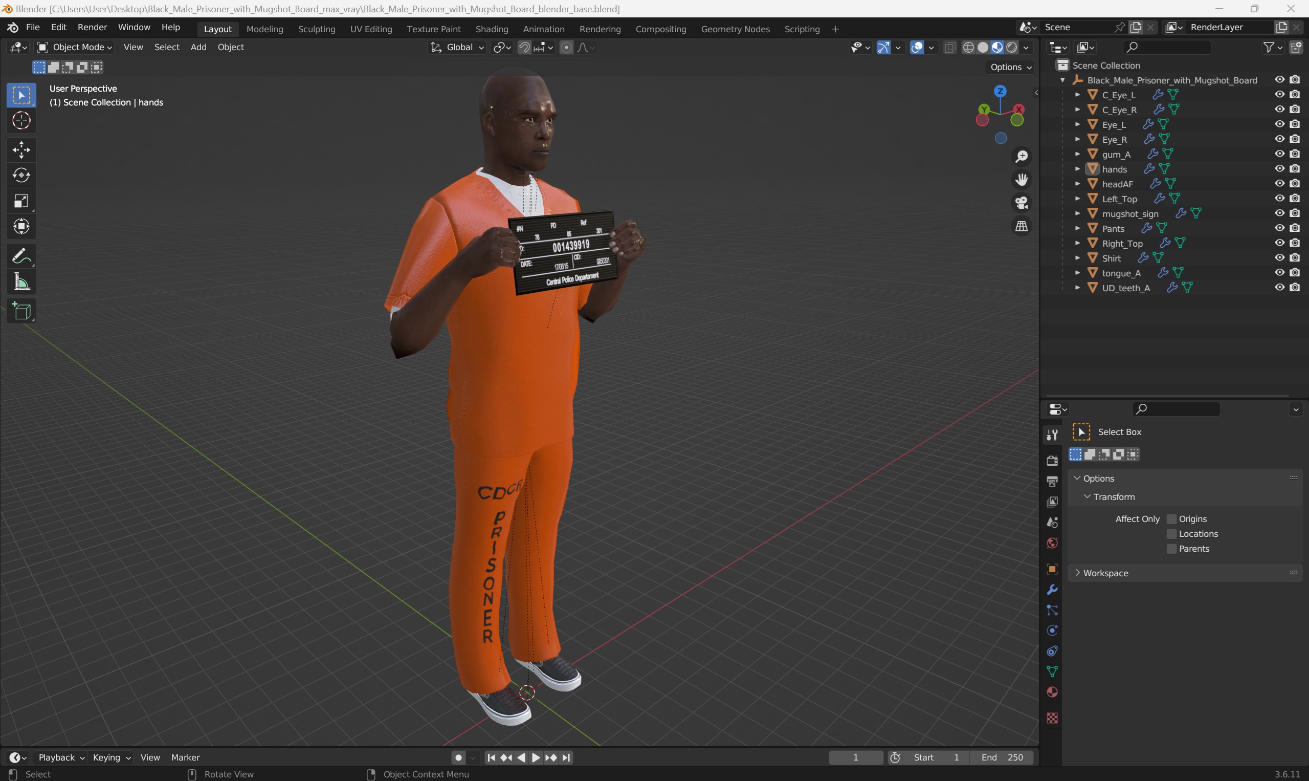 3D Black Male Prisoner with Mugshot Board model