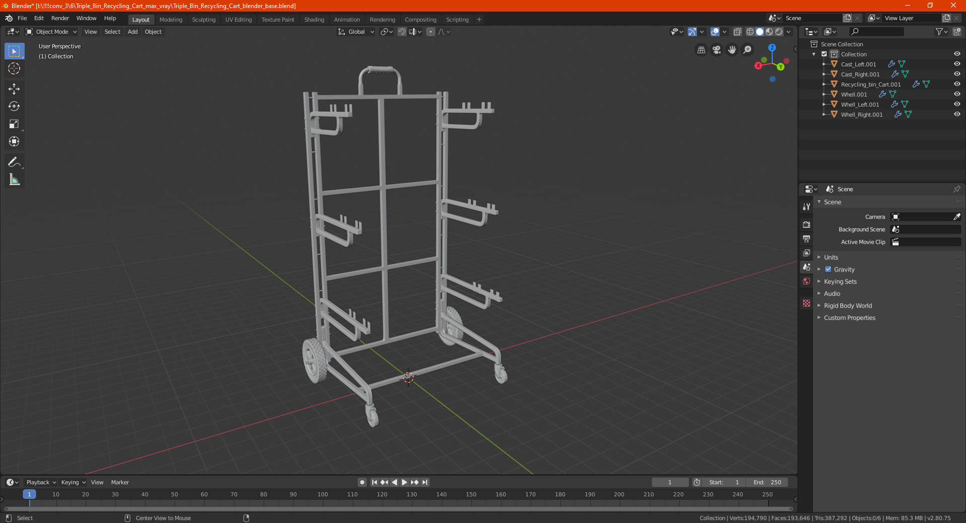 3D model Triple Bin Recycling Cart