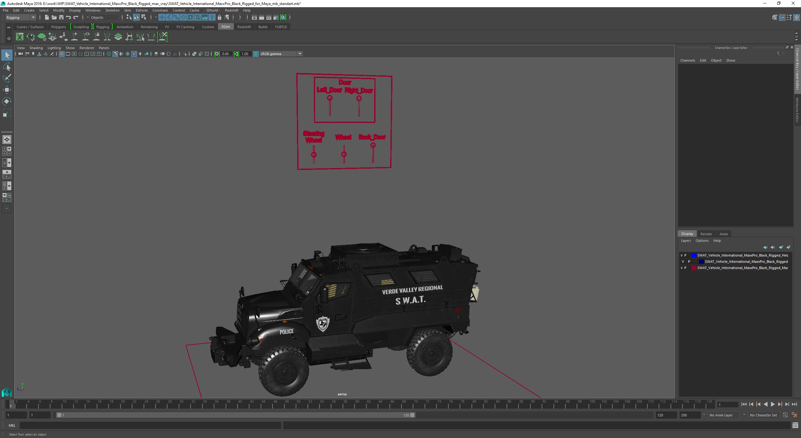 3D SWAT Vehicle International MaxxPro Black Rigged for Maya