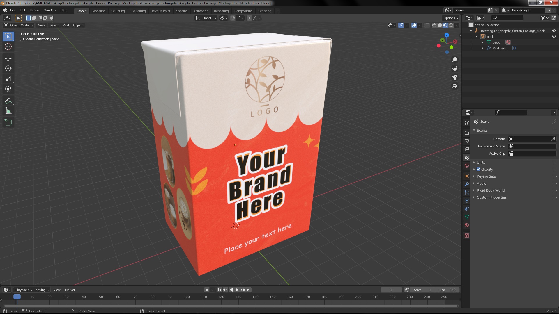 3D model Rectangular Aseptic Carton Package Mockup Red