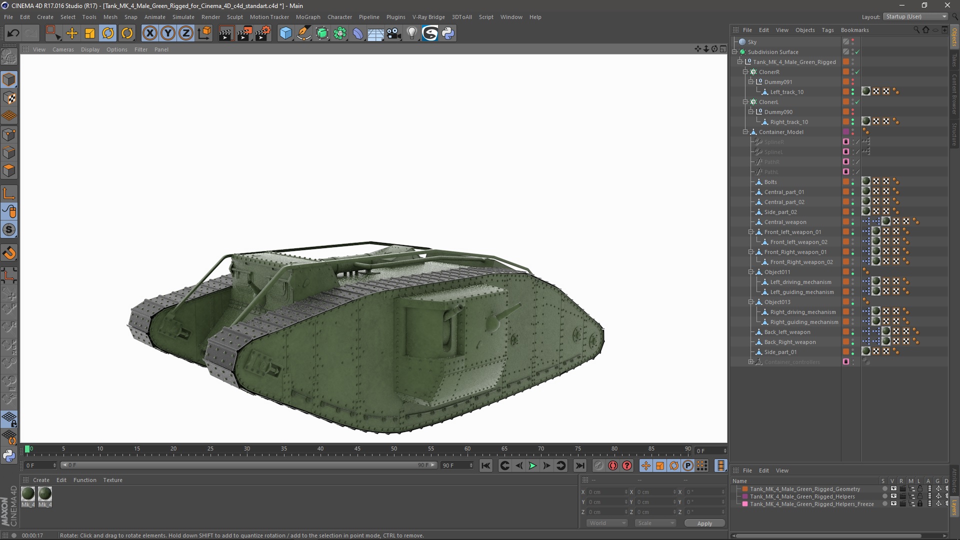 3D Tank MK 4 Male Green Rigged for Cinema 4D