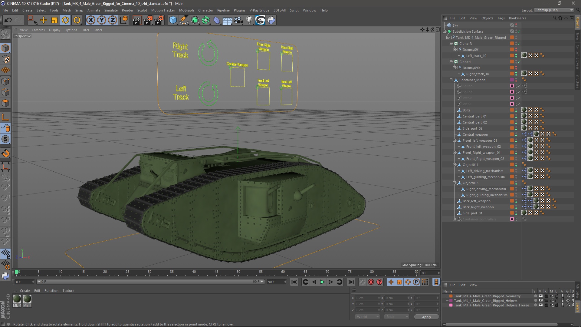 3D Tank MK 4 Male Green Rigged for Cinema 4D